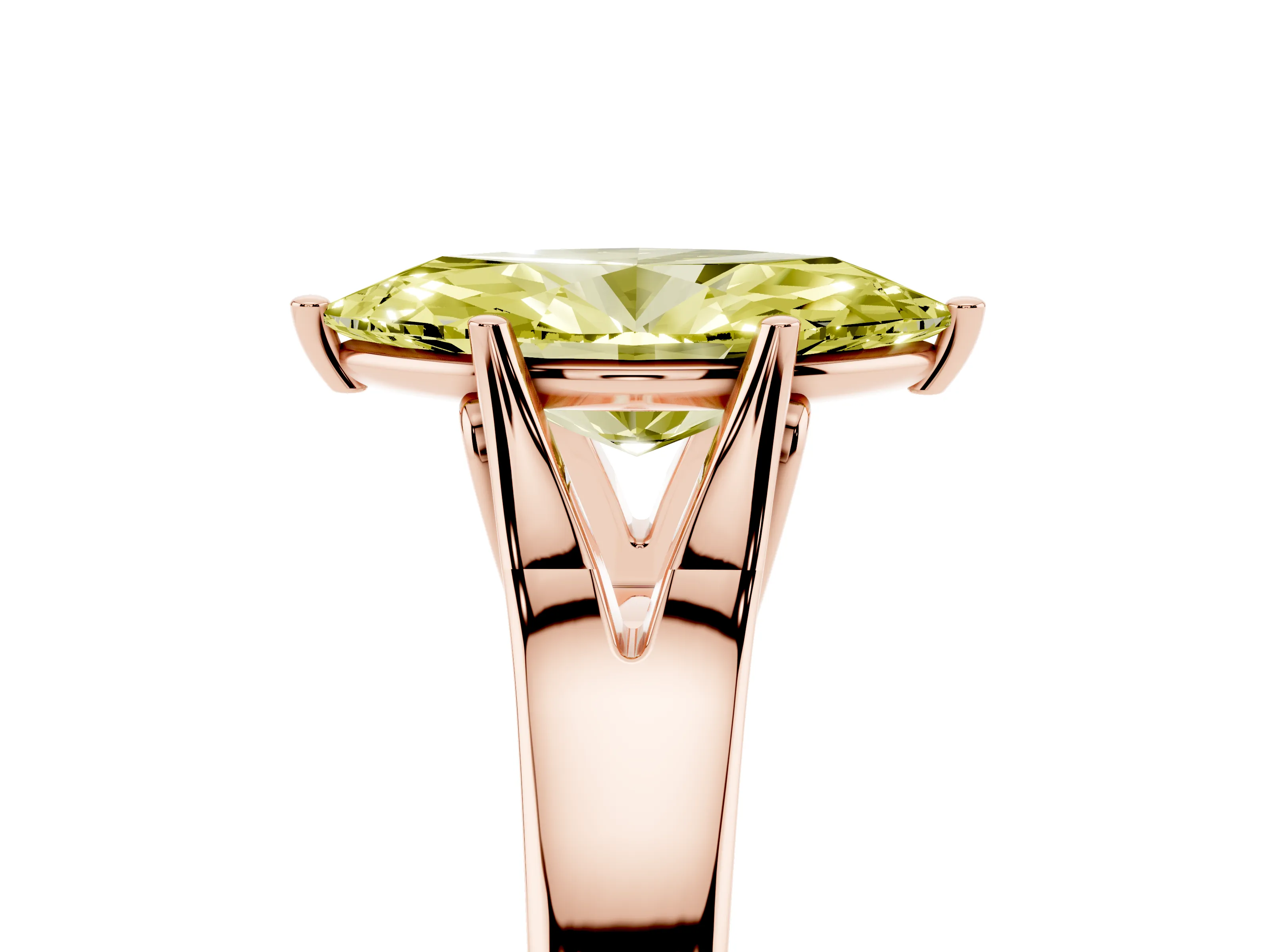 Fancy Yellow Marquise Cut Diamond Solitaire Ring Set in Rose gold with Arched Cathedral Band and Prong Setting