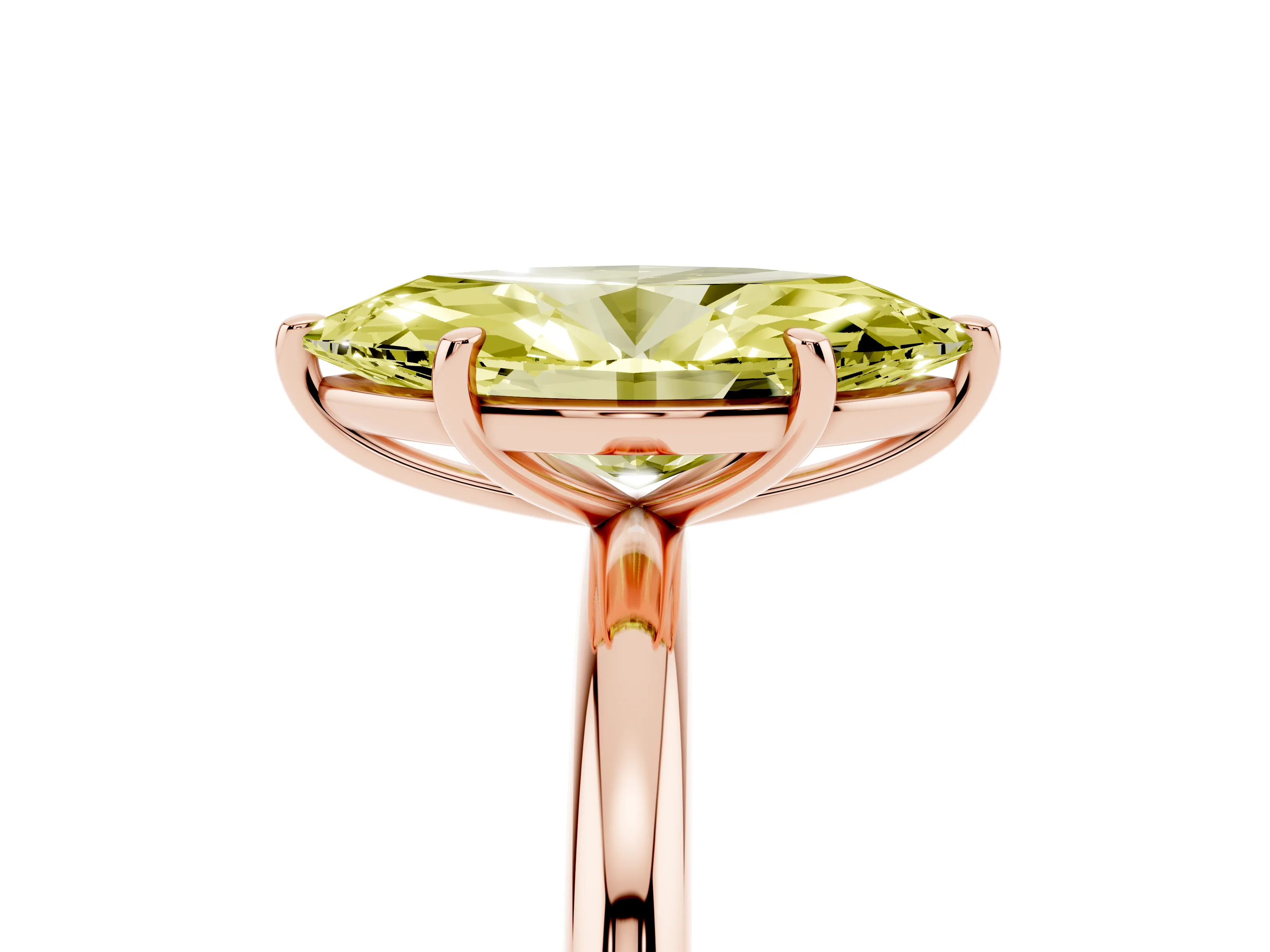 Fancy Yellow Marquise Cut Diamond Solitaire Ring Set in Rose gold with Prong Setting on a Polished Plain Band