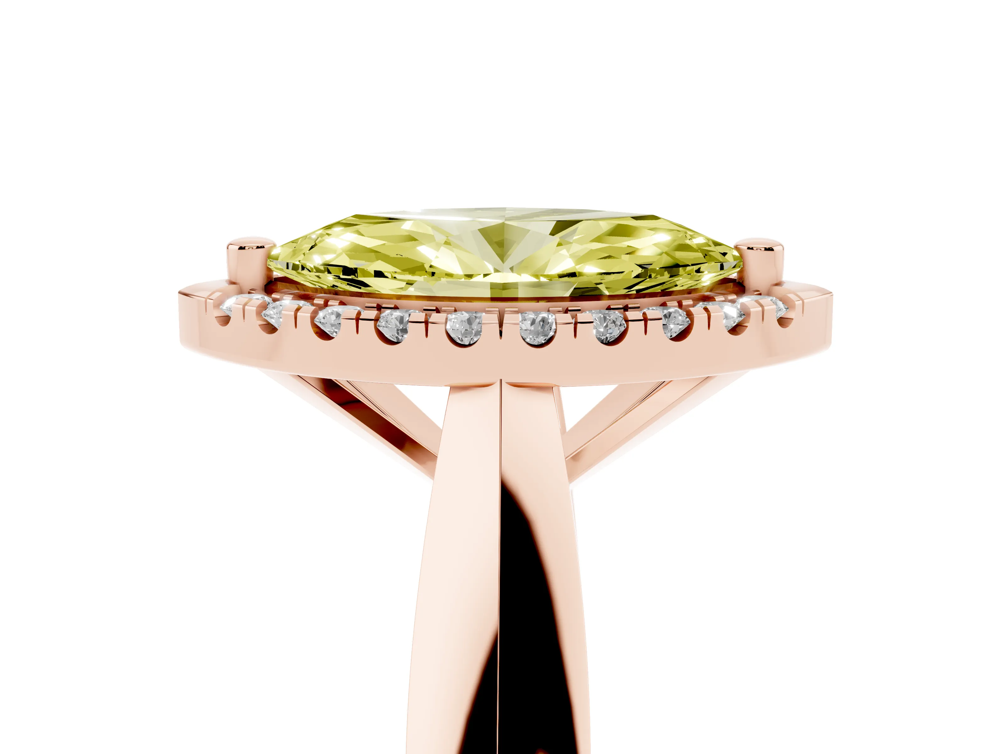 Fancy Yellow Marquise Cut Diamond Halo Solitaire Engagement Ring Set in Rose gold with Square Band and Prong Setting