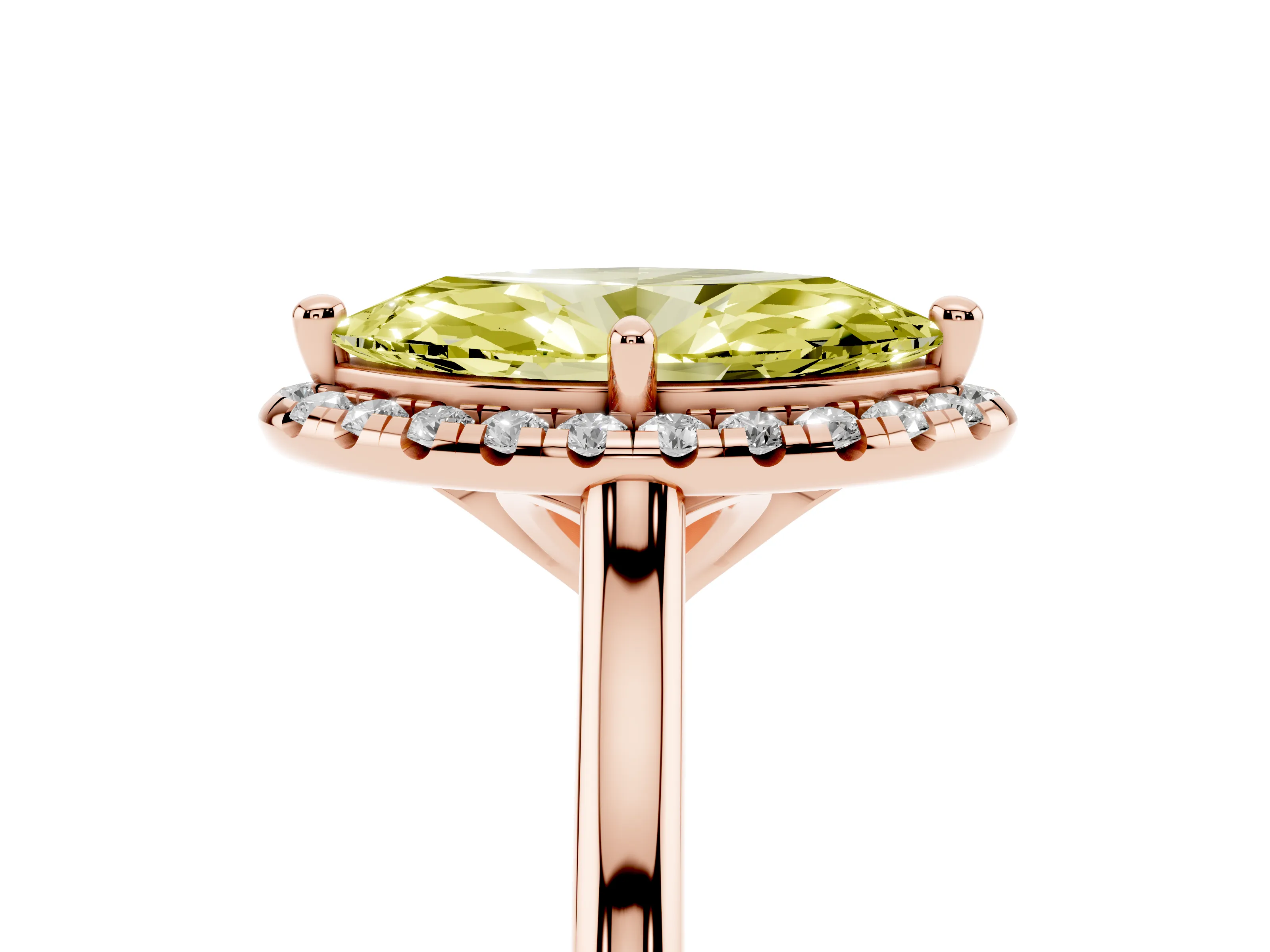 Fancy Yellow Marquise Cut Diamond Halo Engagement Ring Set in Rose gold with Pavé Band and Rising Shoulders