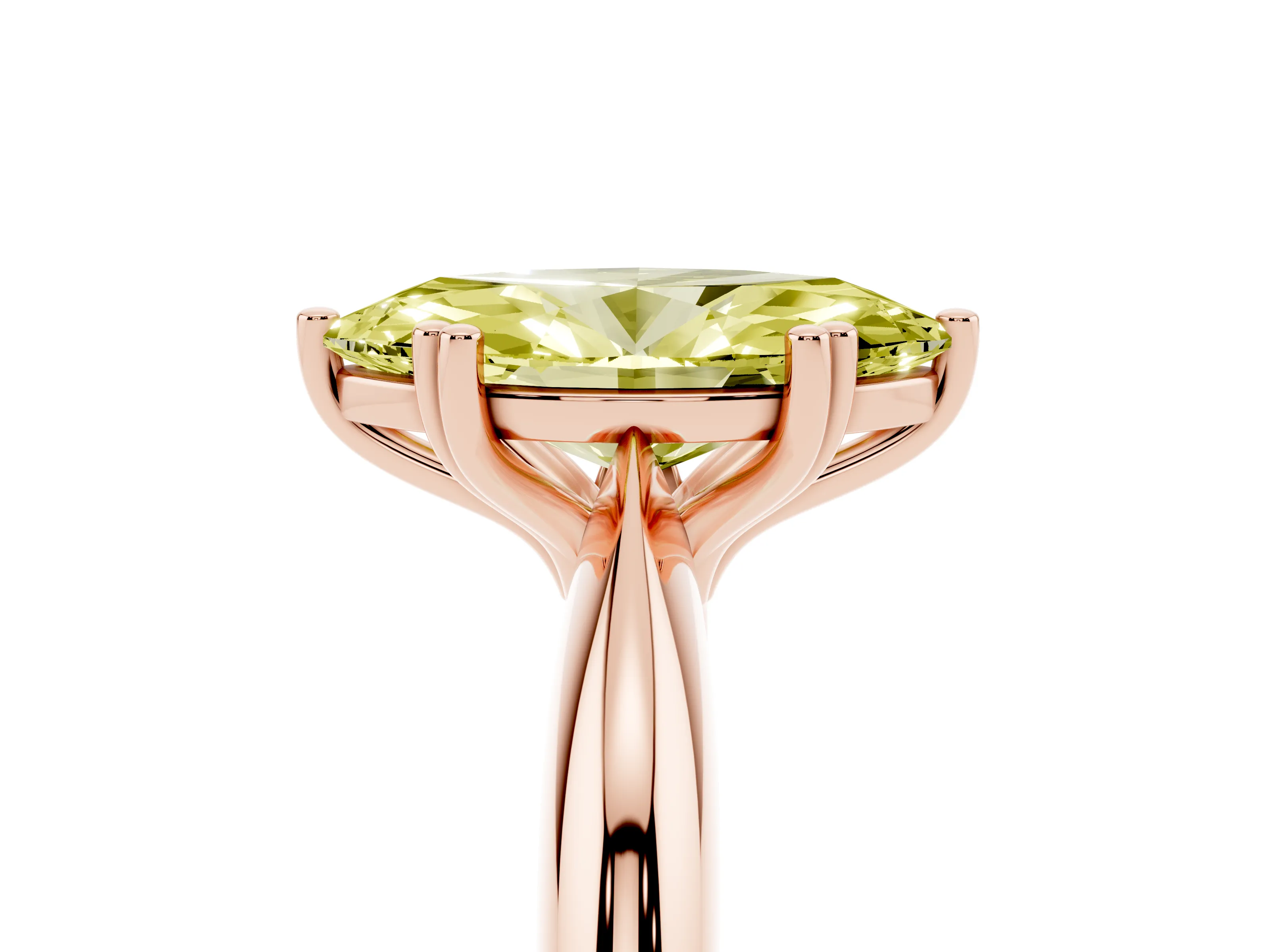 Fancy Yellow Marquise Cut Diamond Solitaire Engagement Ring Set in Rose gold with Tapered Band and Prong Setting