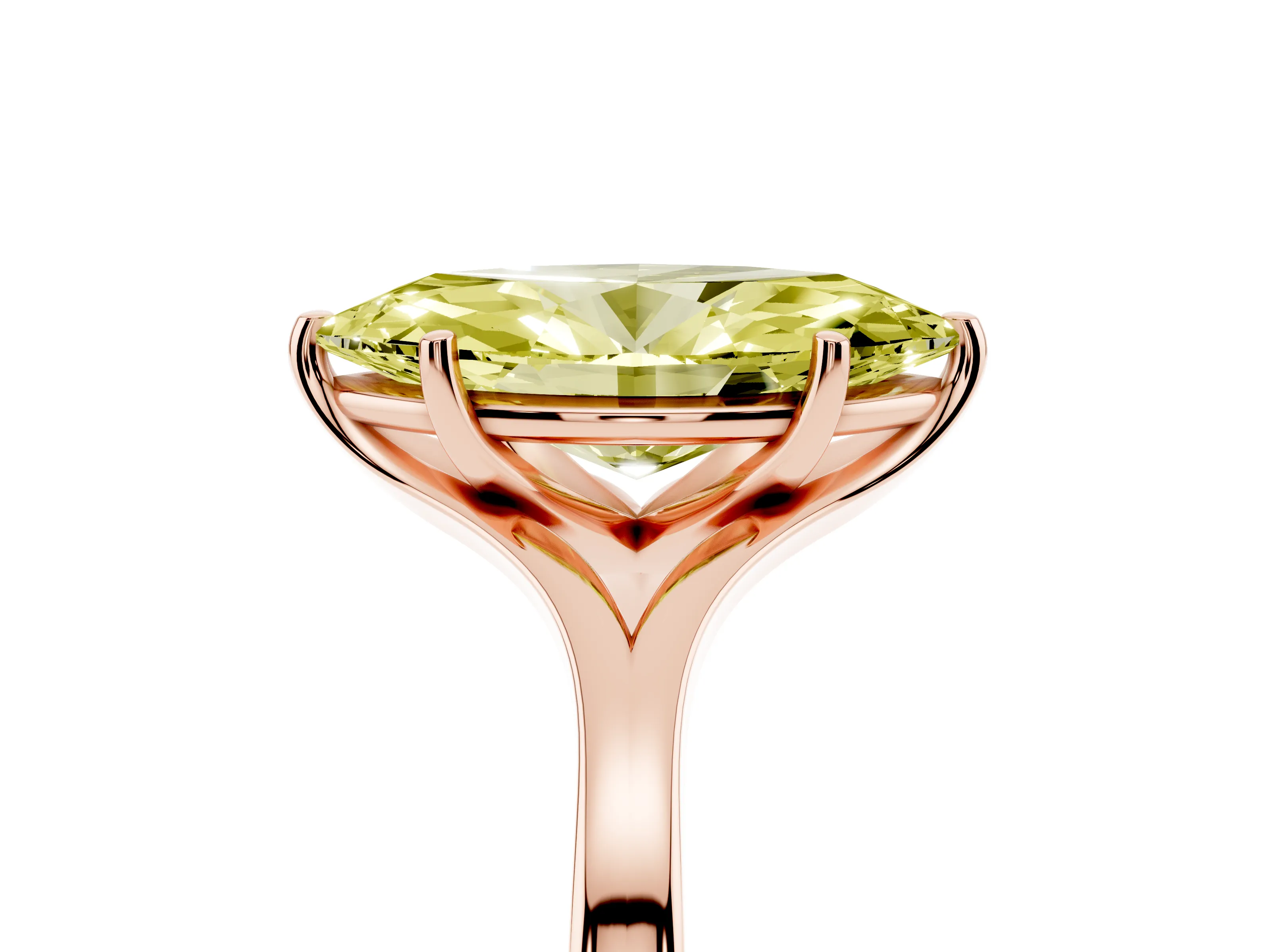 Fancy Yellow Marquise Cut Diamond Solitaire Ring Set in Rose gold with Polished Tapered Band and Prong Setting