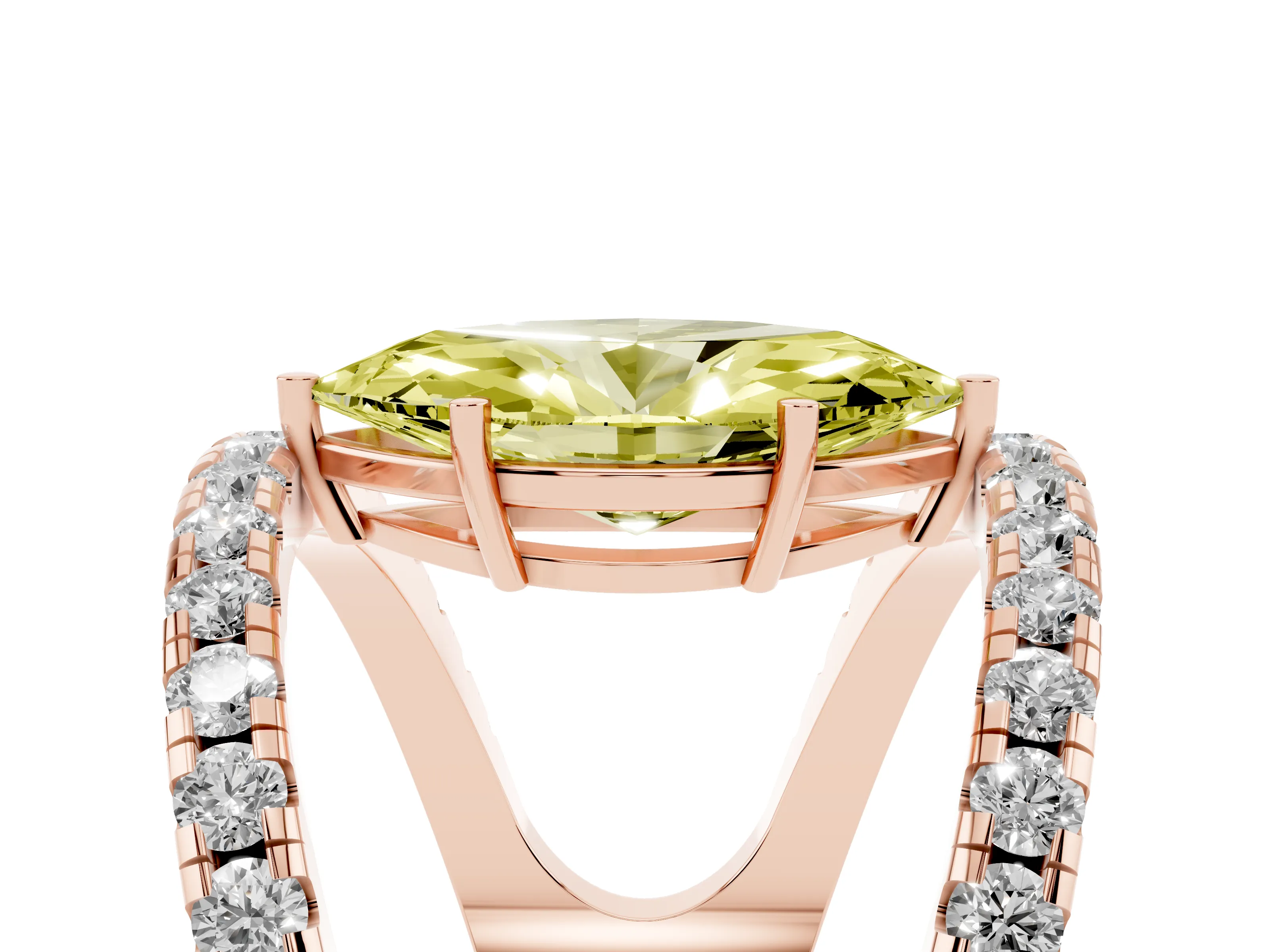Fancy Yellow Marquise Cut Diamond Split Shank Pavé Solitaire Ring Set in Rose gold with Open Shank Design