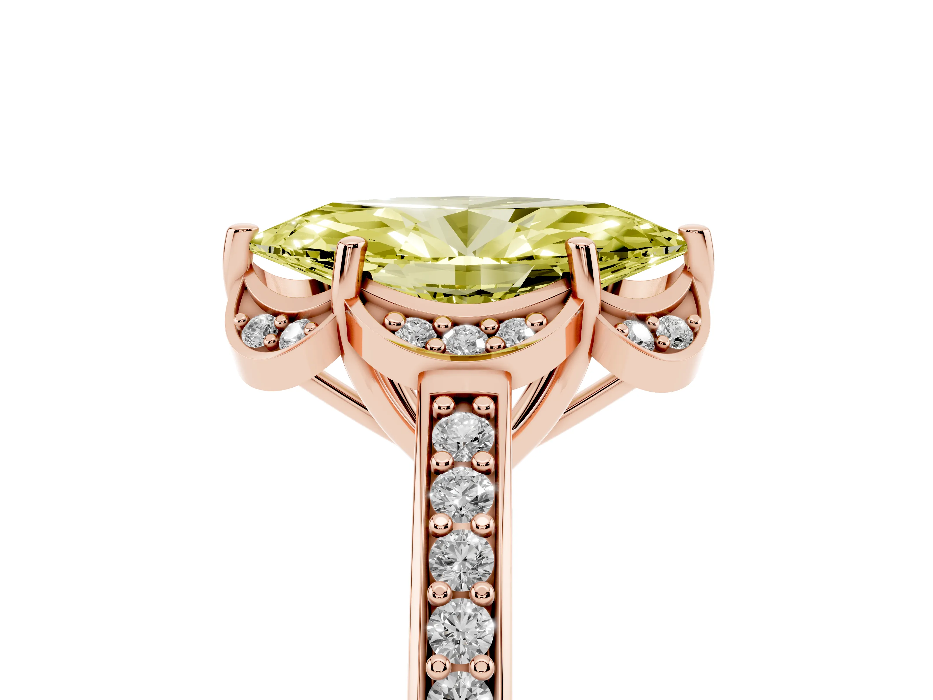 Fancy Yellow Marquise Cut Diamond Halo Ring Set in Rose gold with Channel Set Band and Prong Setting