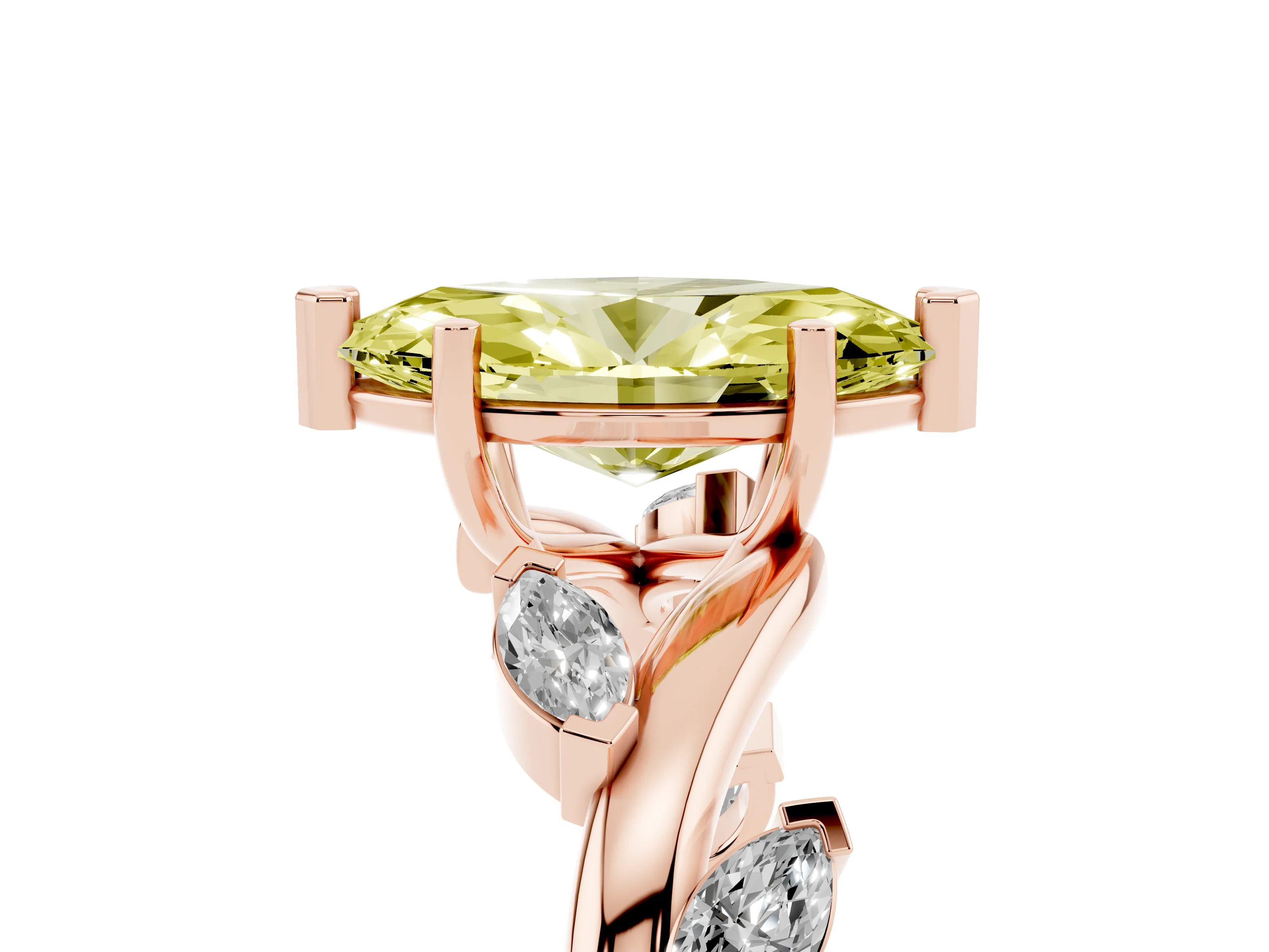 Fancy Yellow Marquise Cut Diamond Solitaire Ring Set in Rose gold with Twisted Marquise Accent Band