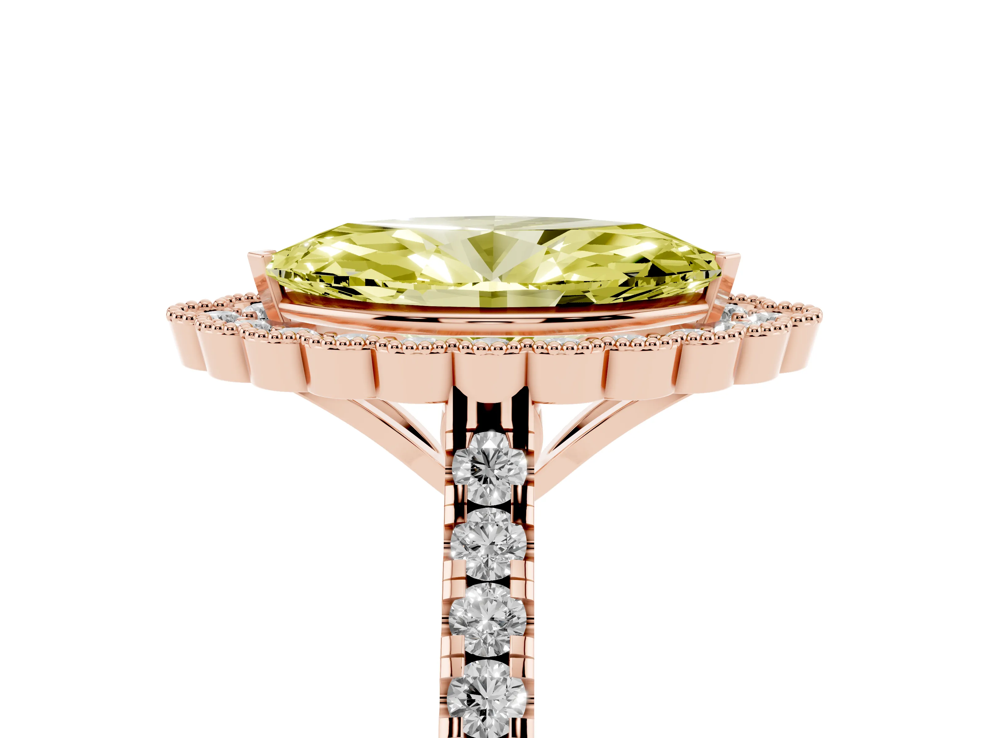 Fancy Yellow Marquise Cut Diamond Milgrain Floral Halo Engagement Ring Set in Rose gold with Pavé Band