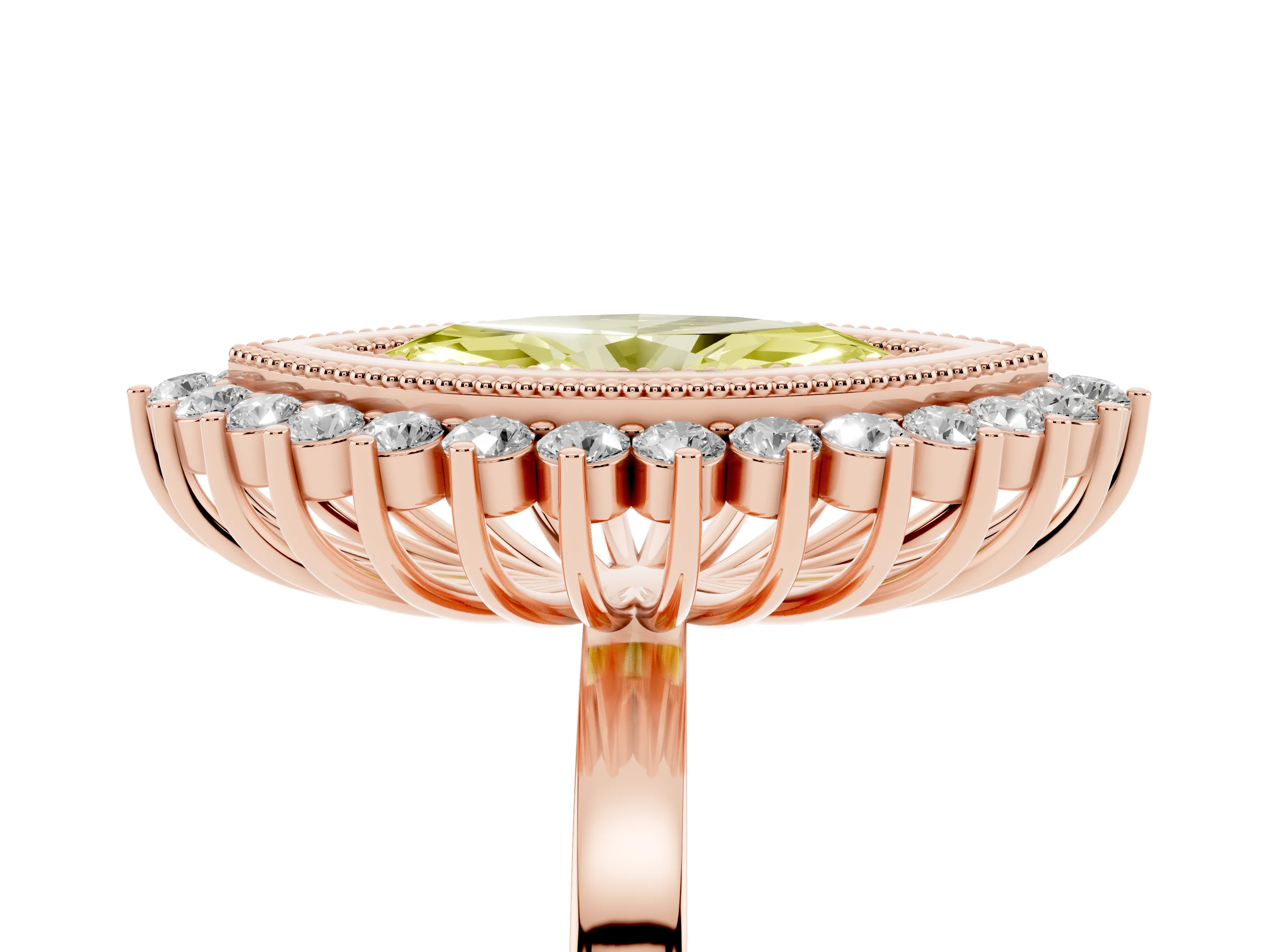 Fancy Yellow Marquise Cut Diamond Halo Ring Set in Rose gold with Milgrain Edge and Round Prong Setting
