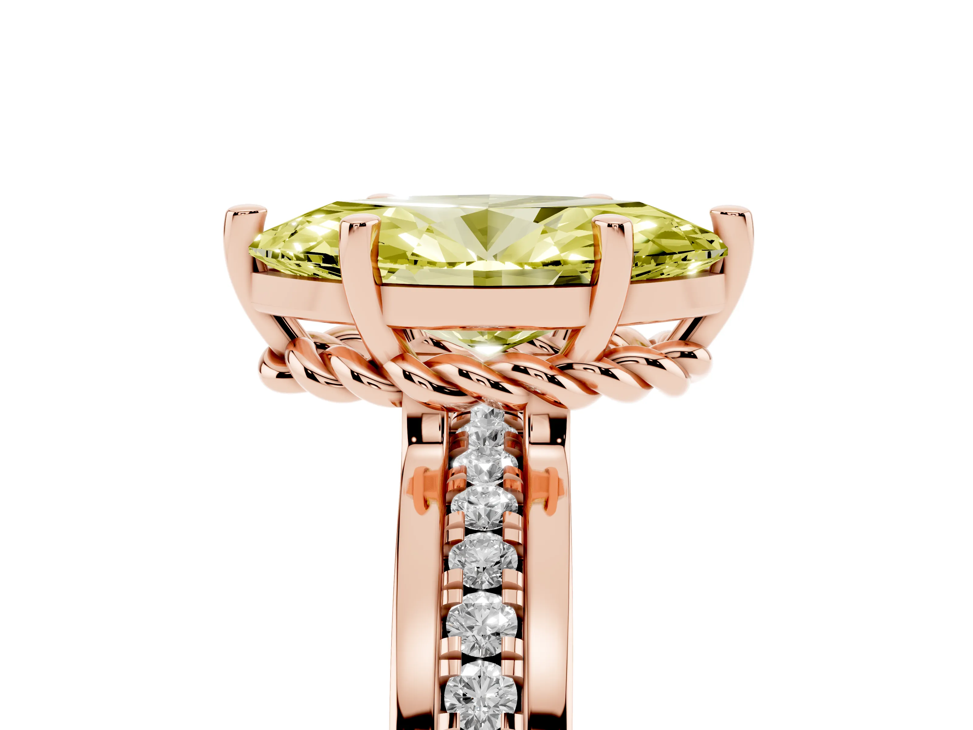 Fancy Yellow Marquise Cut Diamond Solitaire Ring Set in Rose gold with Channel Set Band and Prong Setting