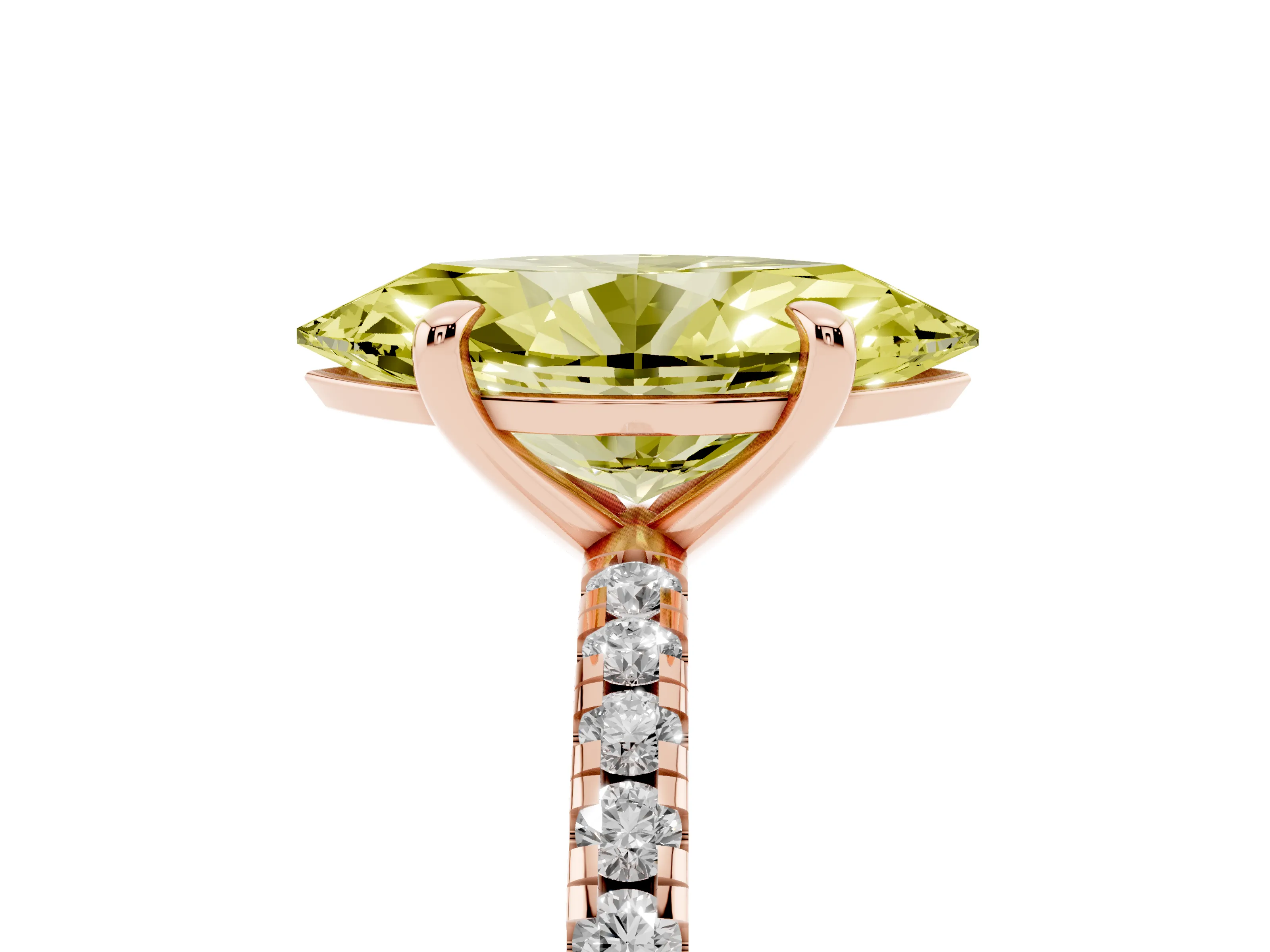 Fancy Yellow Marquise Cut Diamond Brilliant Solitaire Ring Set in Rose gold with Pavé Band and Prong Setting