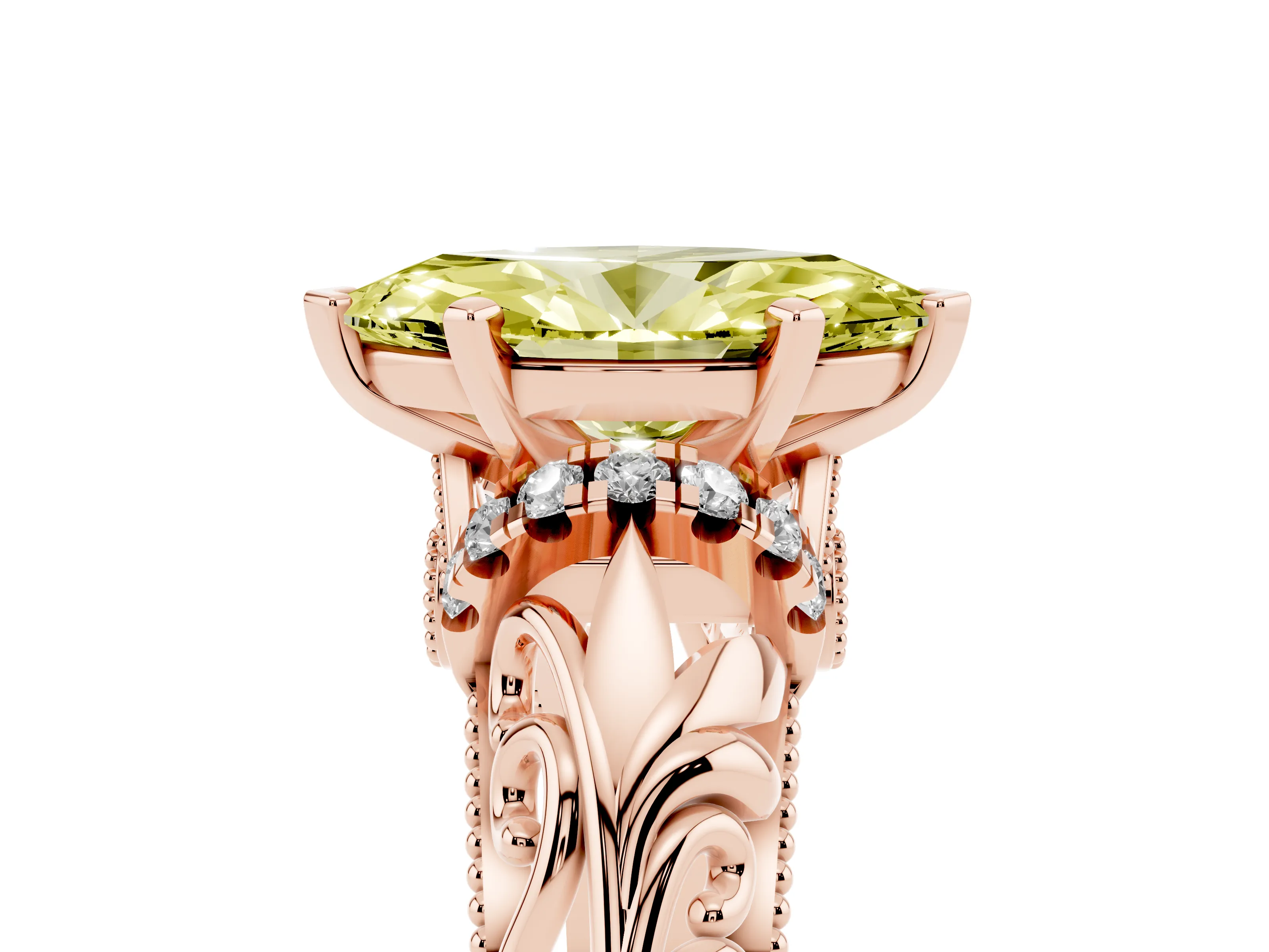 Fancy Yellow Marquise Cut Diamond Filigree Halo Engagement Ring Set in Rose gold with Prong Setting