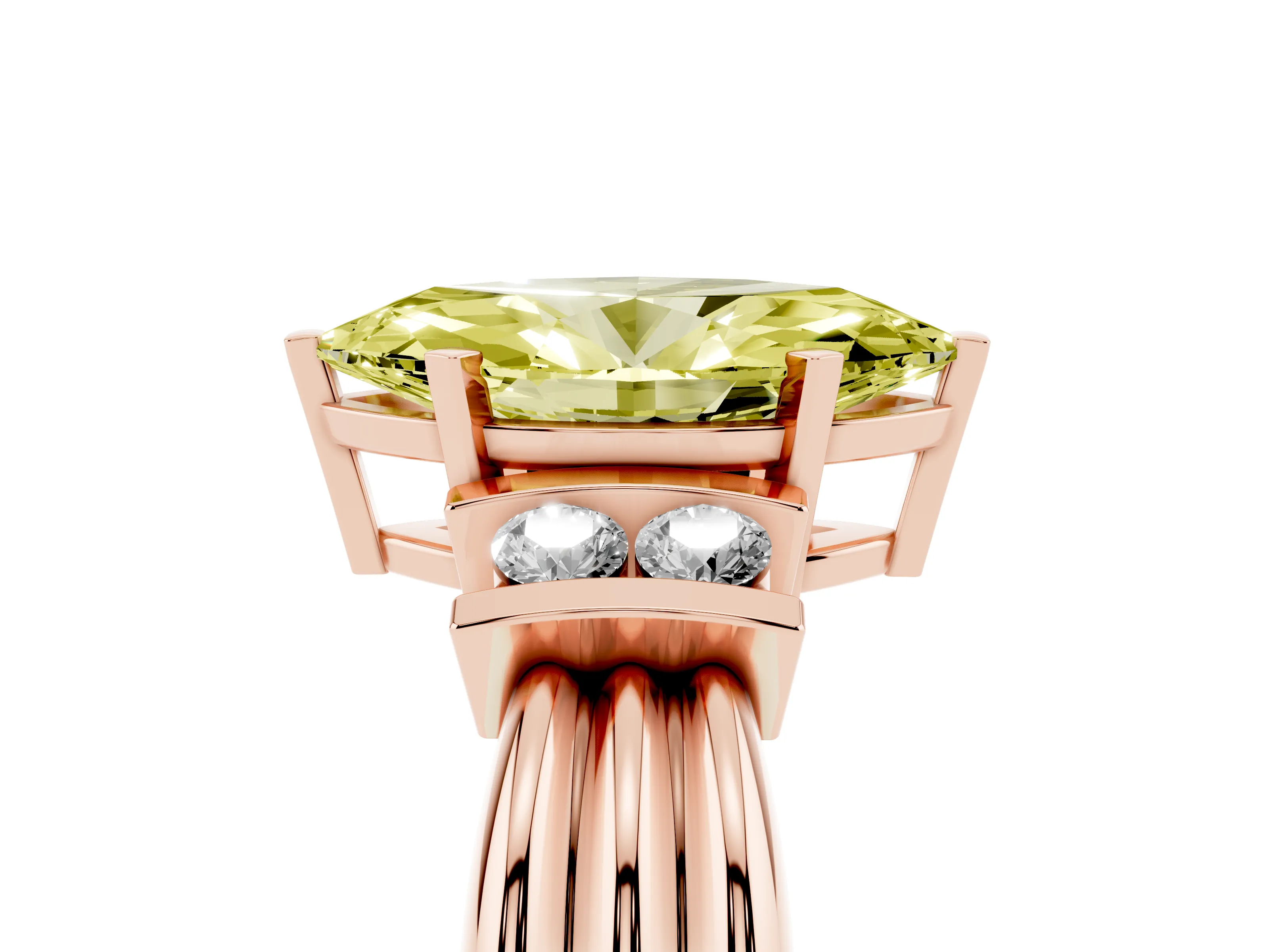 Fancy Yellow Three-Stone Marquise Cut Diamond Channel Set Ring Set in Rose gold with Bar Prongs
