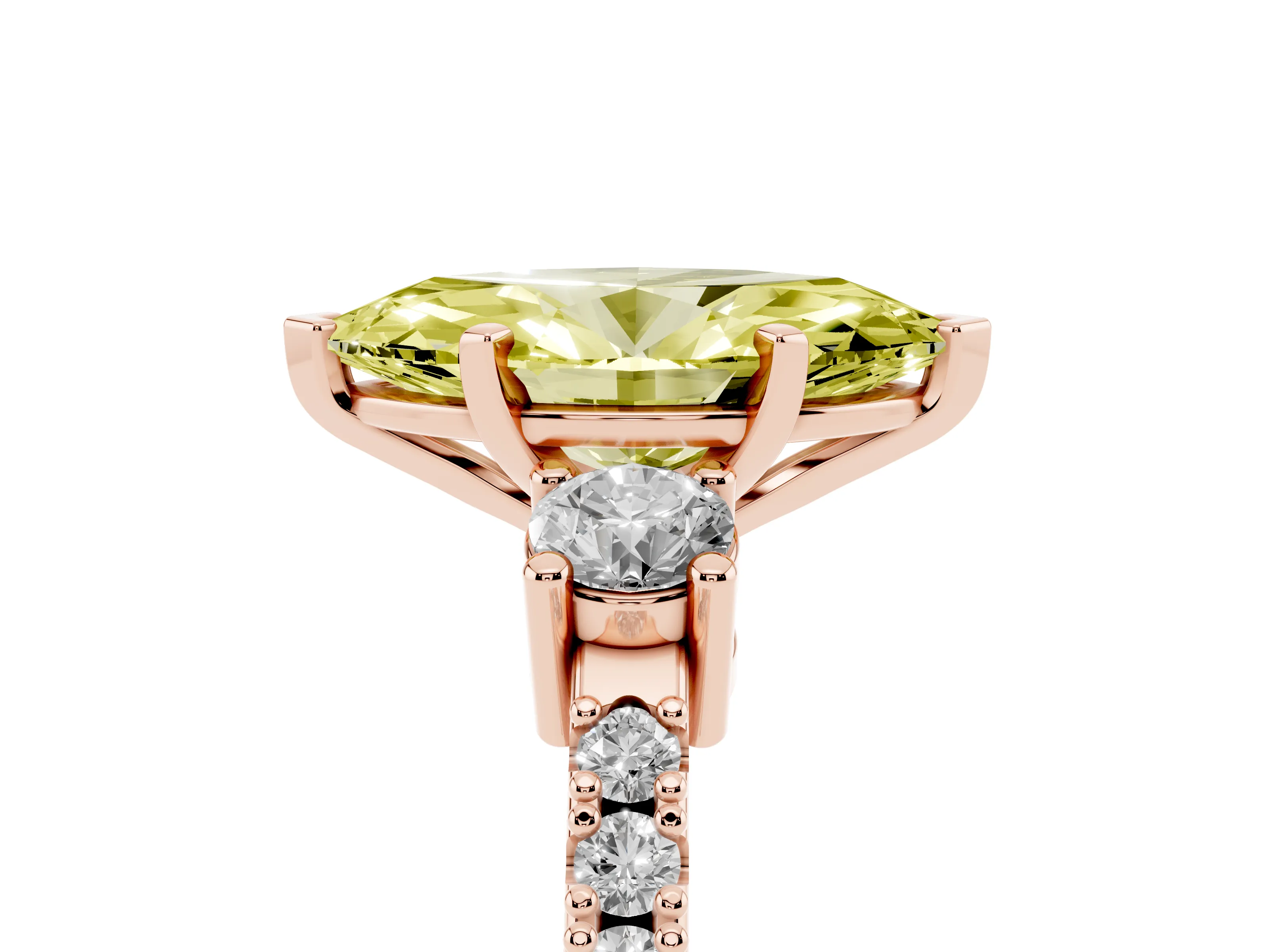 Fancy Yellow Three-Stone Marquise Cut Diamond Pavé Band Ring Set in Rose gold with Prong Setting