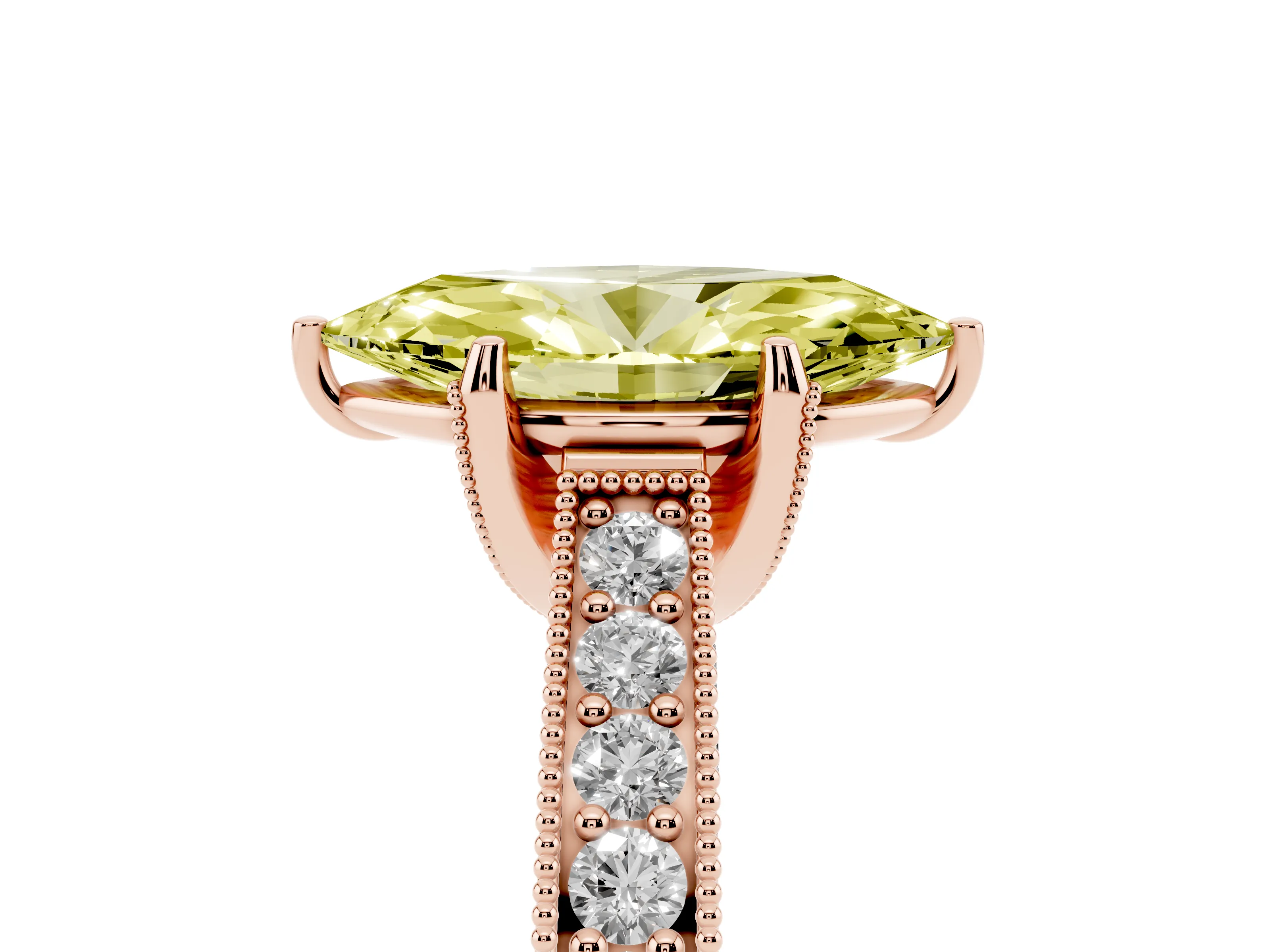 Fancy Yellow Marquise Cut Diamond Solitaire Ring Set in Rose gold with Milgrain-Edged Pavé Band and Prong Setting