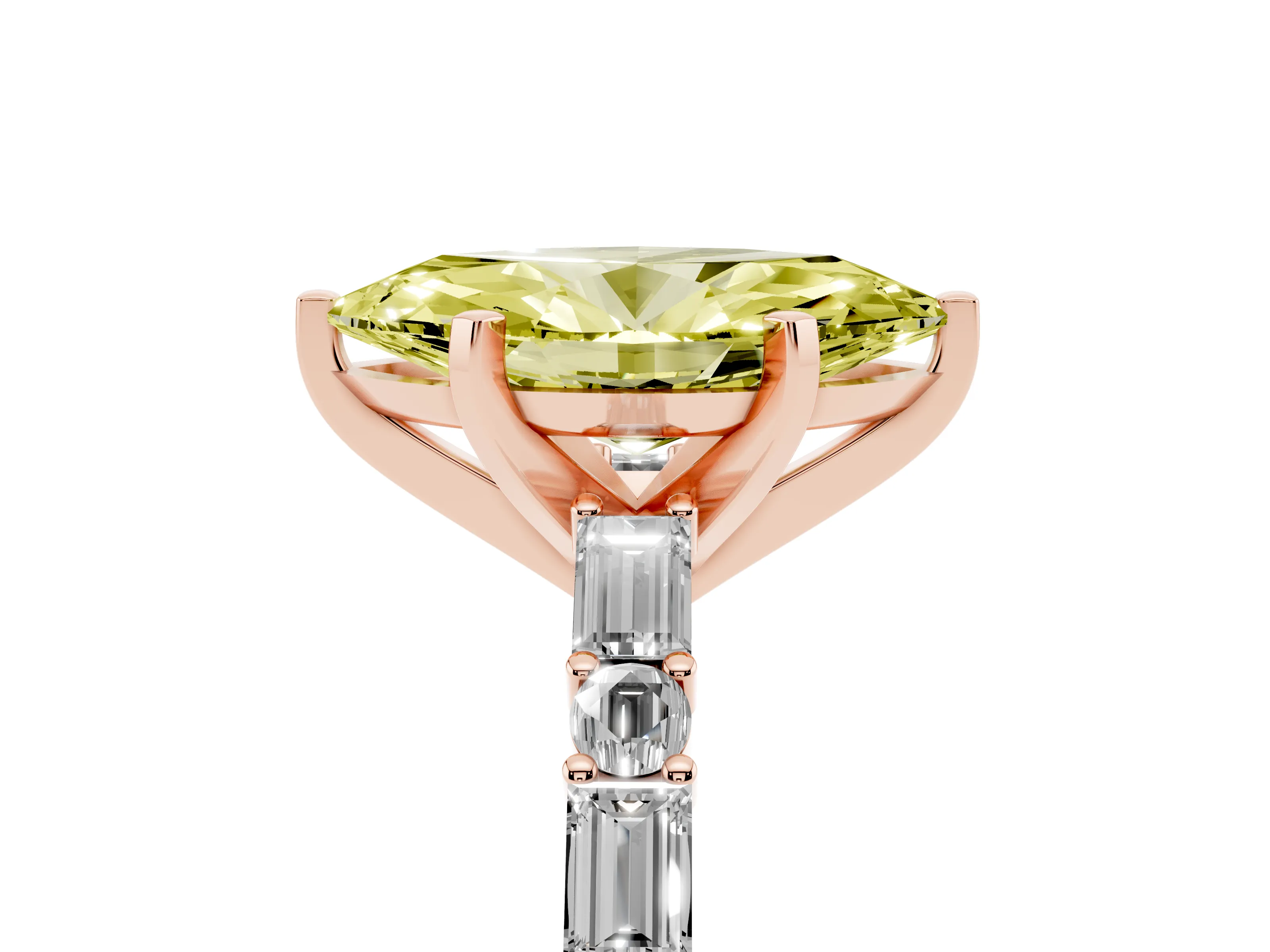 Fancy Yellow Marquise Cut Diamond Solitaire Set in Rose gold with Side Baguettes and Channel Set Band