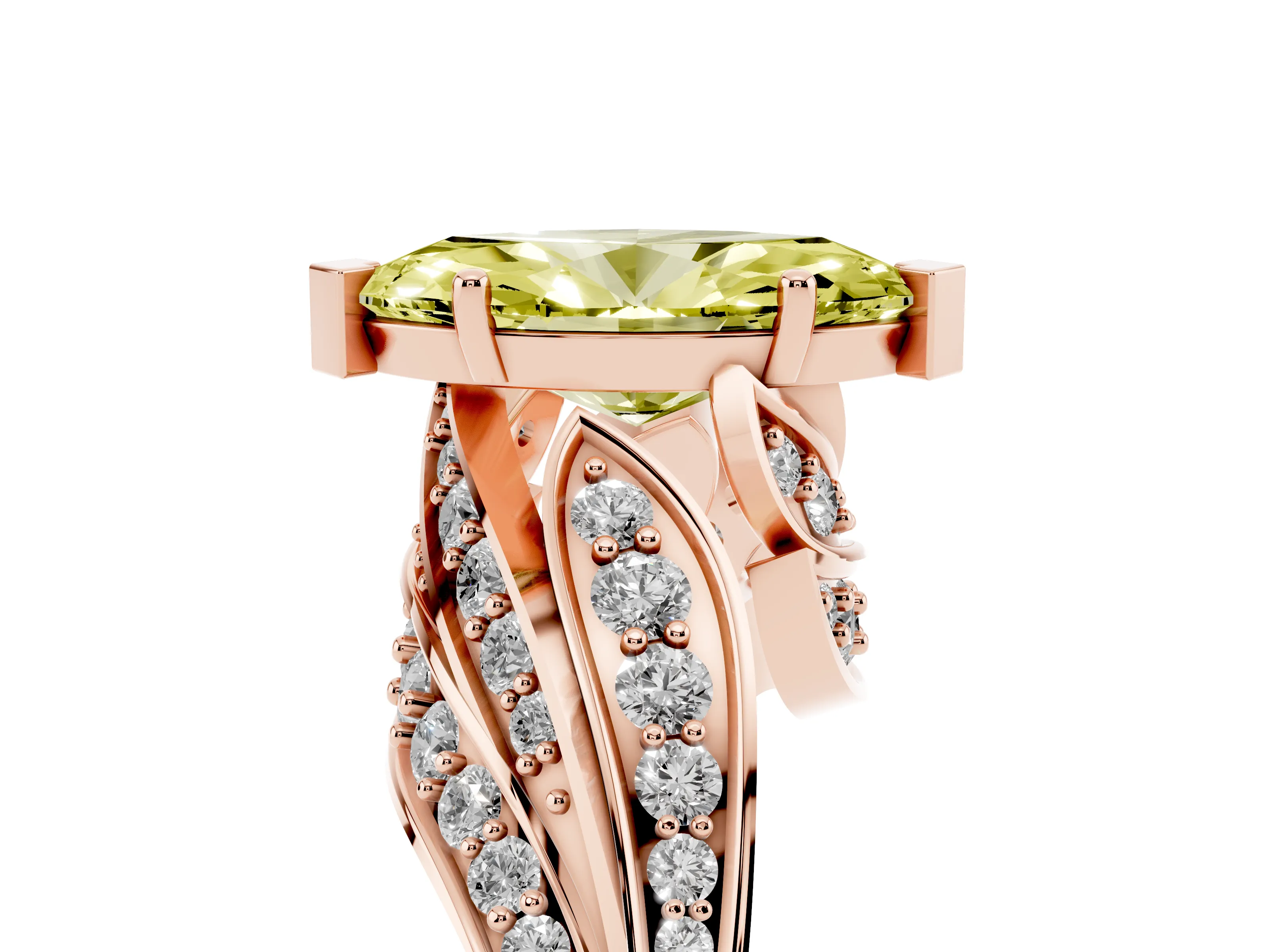 Fancy Yellow Marquise Cut Diamond Solitaire Ring Set in Rose gold with Layered Twist Pavé Band