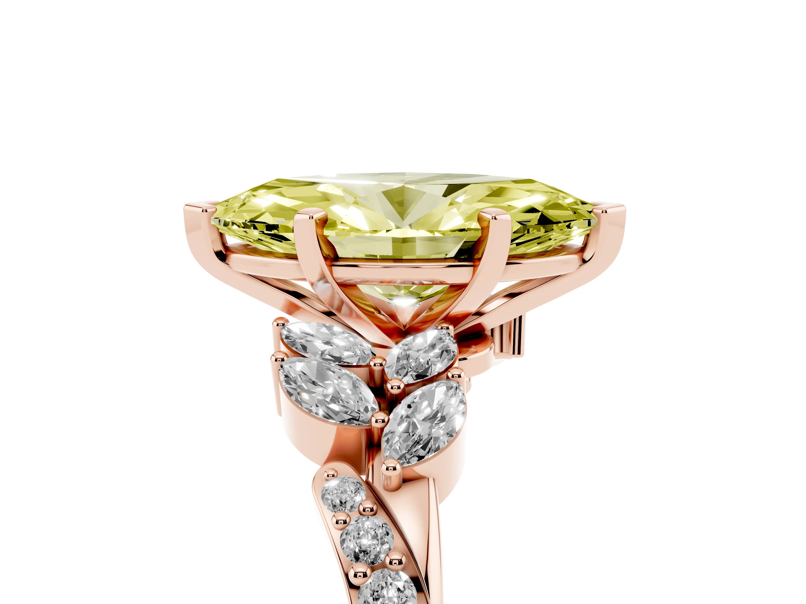 Fancy Yellow Marquise Cut Diamond Solitaire Ring Set in Rose gold with Marquise Twist Band and Prong Setting
