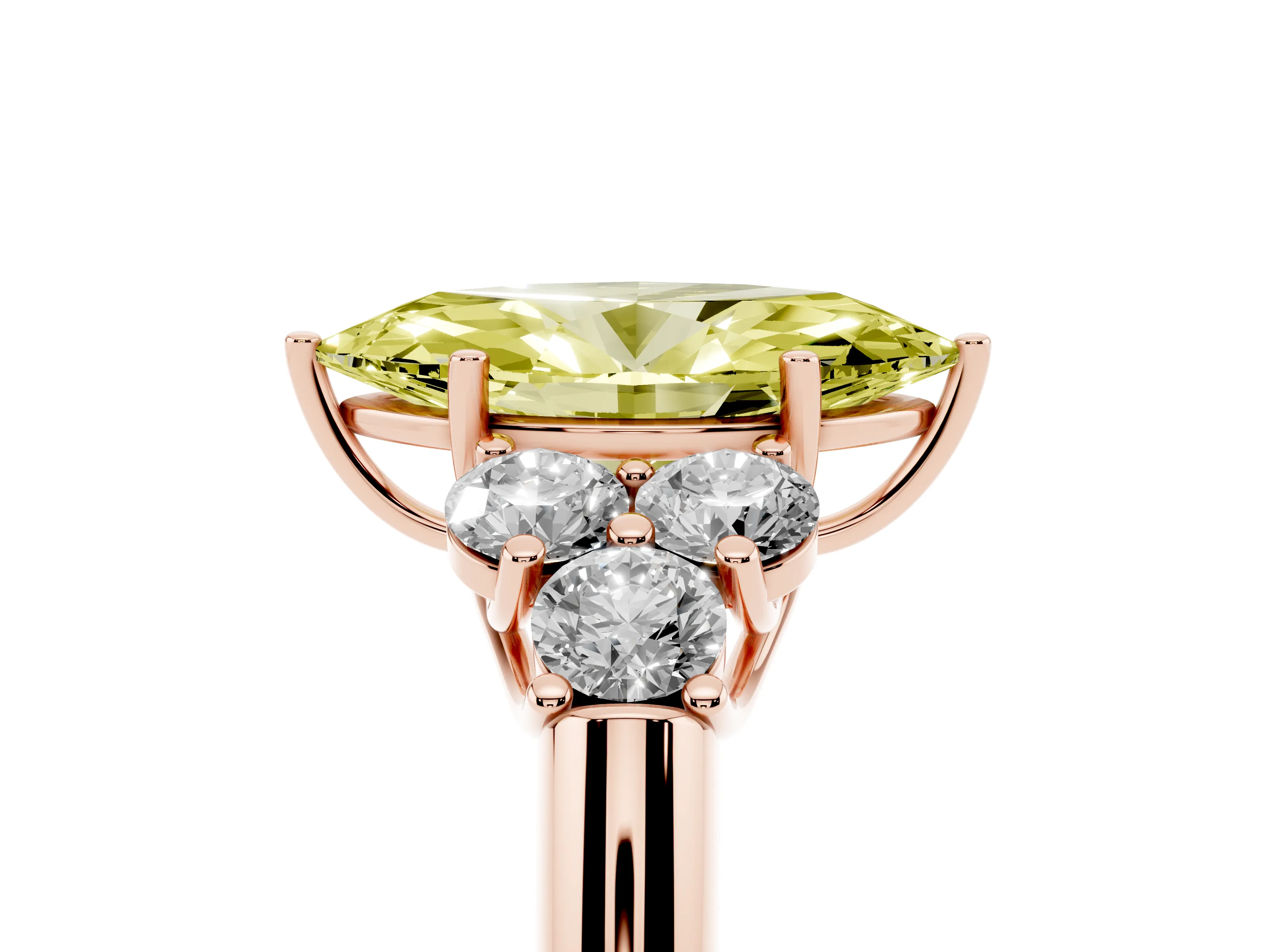 Fancy Yellow Marquise Cut Diamond Cluster Ring Set in Rose gold with Round Accent Stones and Prong Setting on a Plain Band