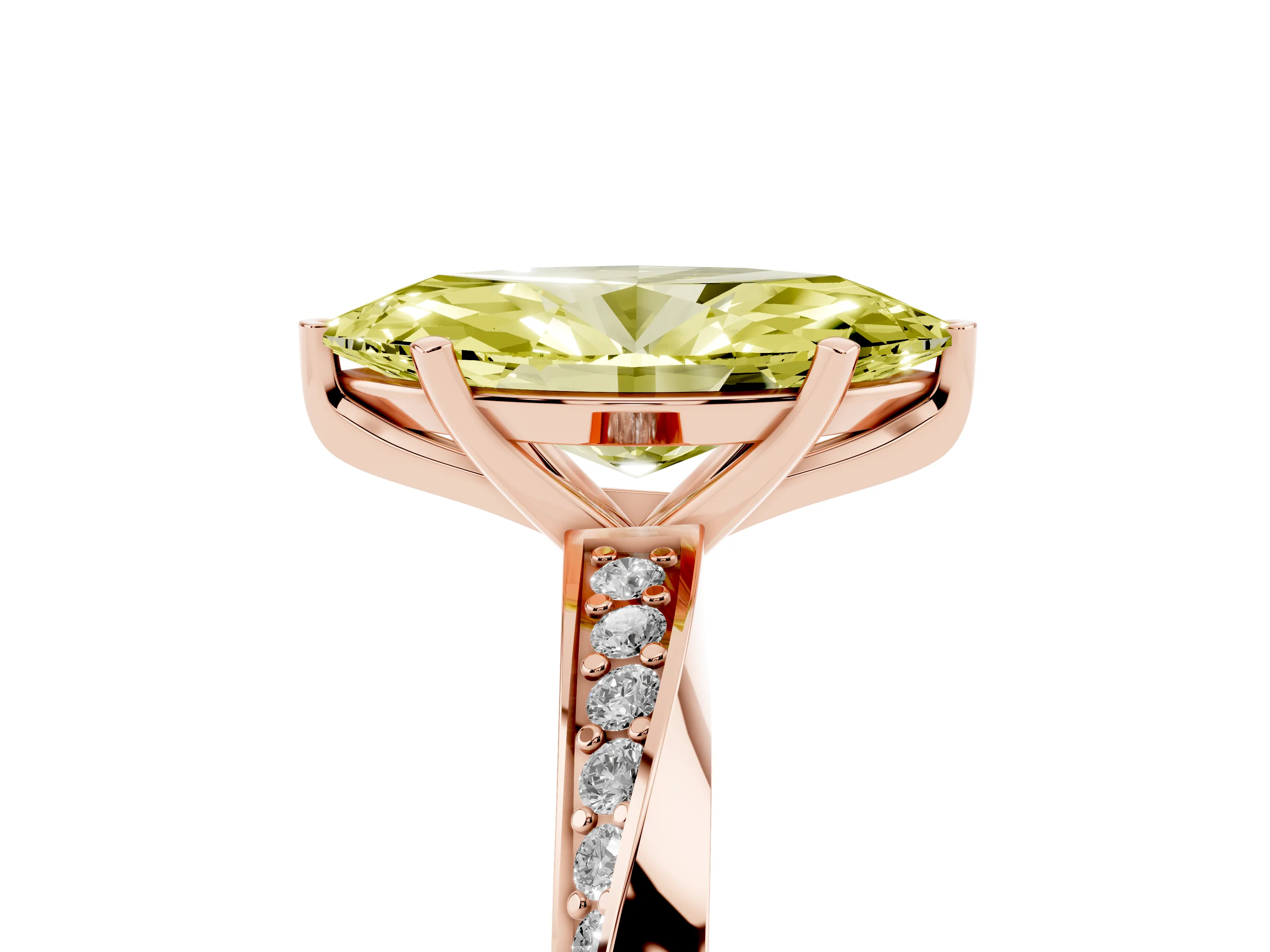 Fancy Yellow Marquise Cut Diamond Engagement Ring Set in Rose gold with Side Stone Accents and Prong Setting