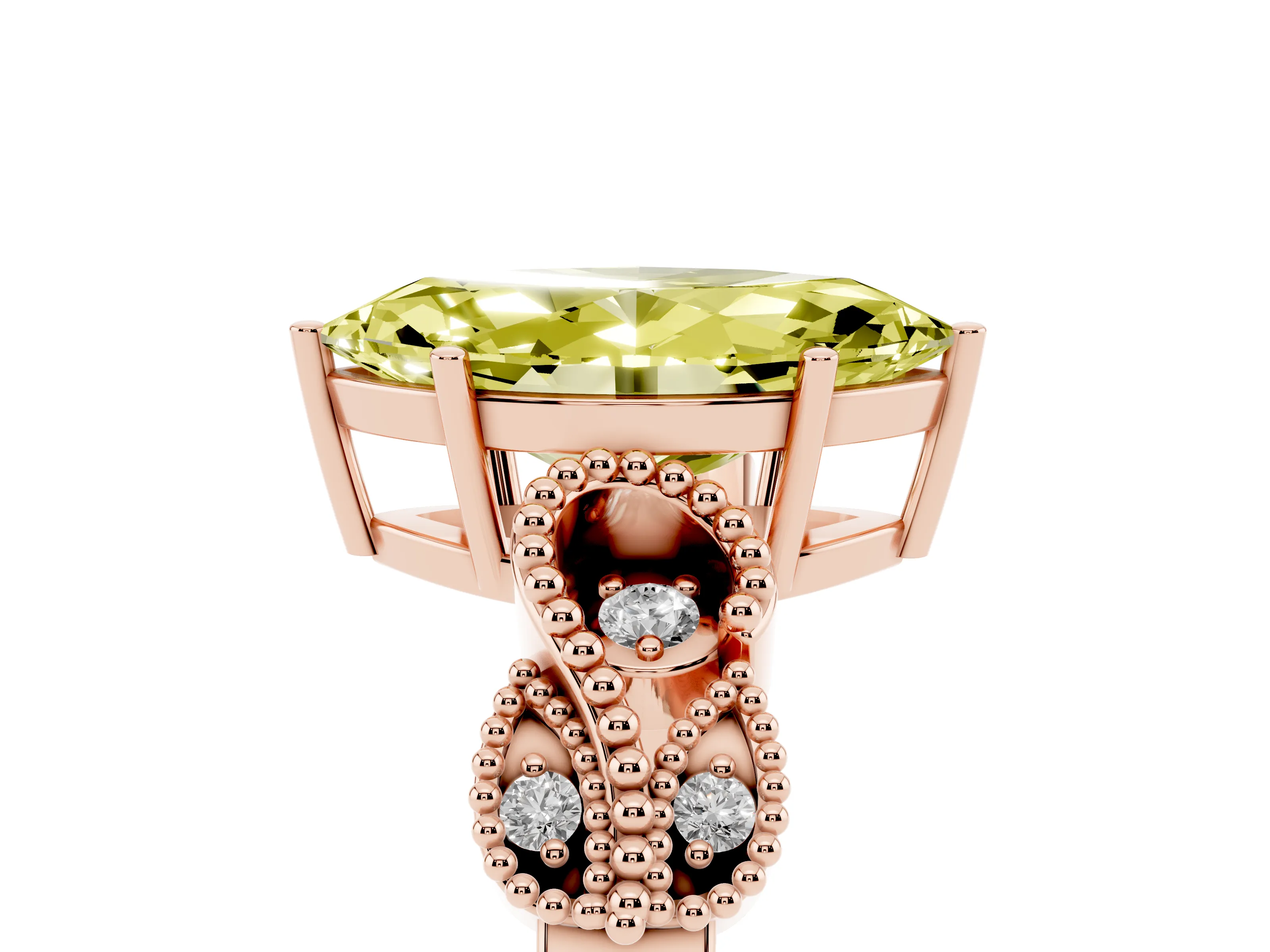 Fancy Yellow Marquise Cut Diamond Milgrain Leaf Band Solitaire Ring Set in Rose gold with Accent Stones and Prong Setting