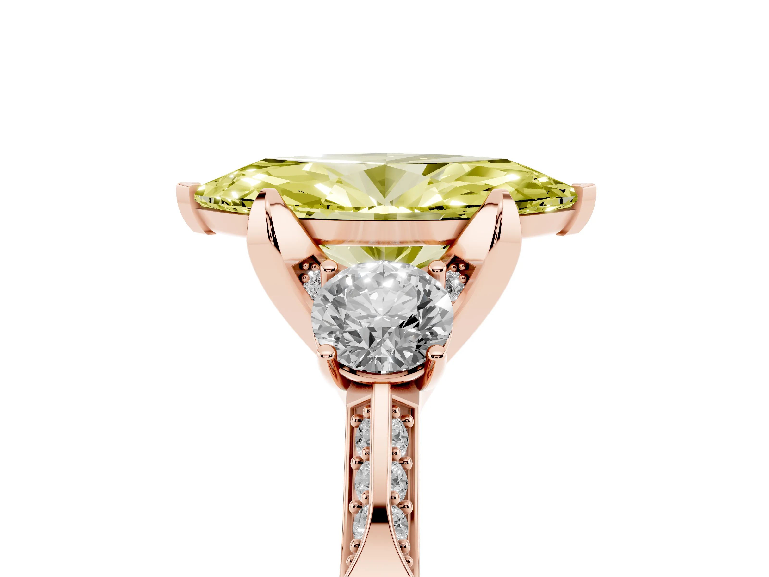Fancy Yellow Marquise Cut Diamond Three-Stone Ring Set in Rose gold with Pavé Band and Smaller Side Stones