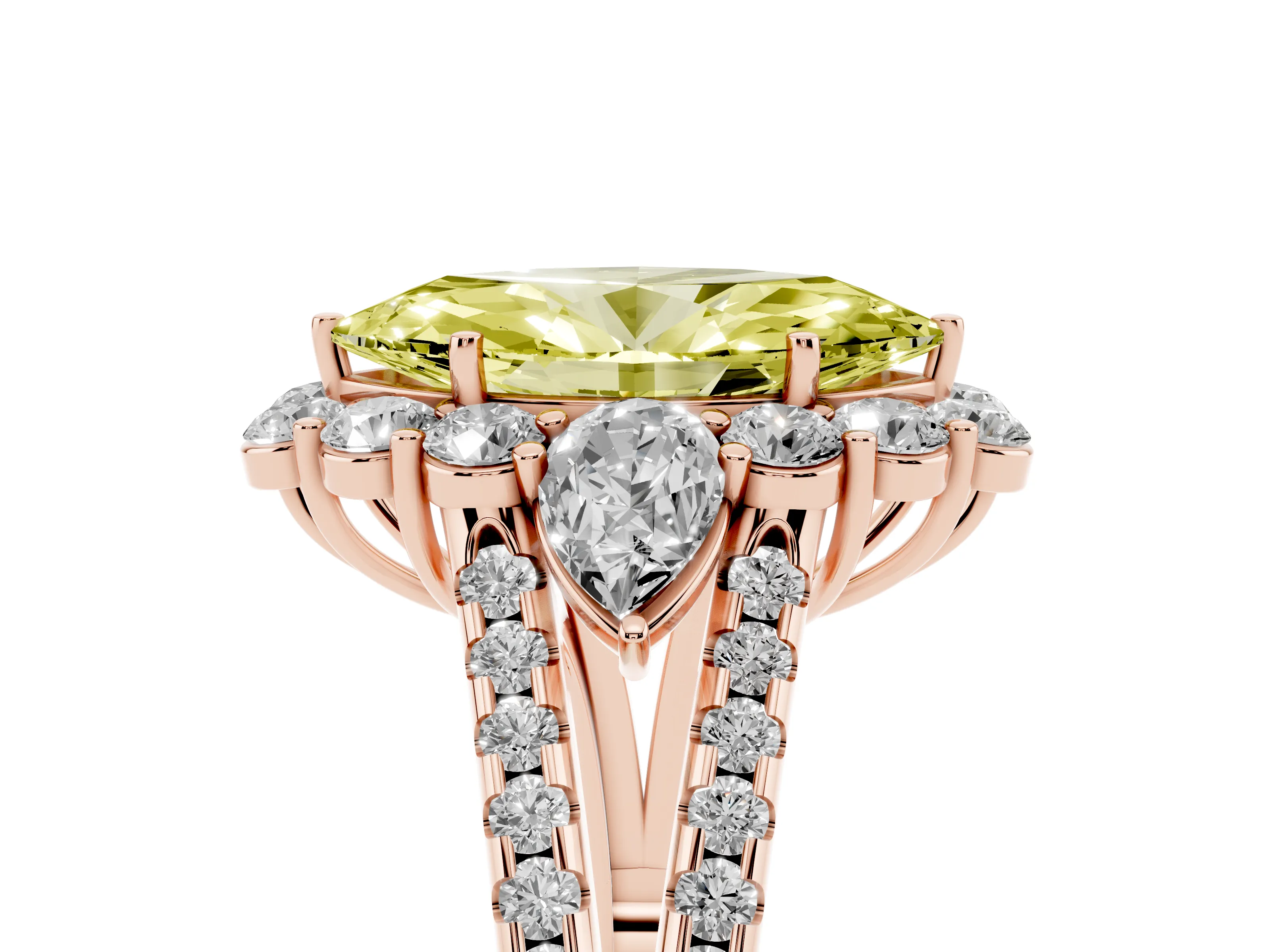 Fancy Yellow Marquise Cut Diamond Halo Split Shank Engagement Ring Set in Rose gold with Prong-Held Center Stone