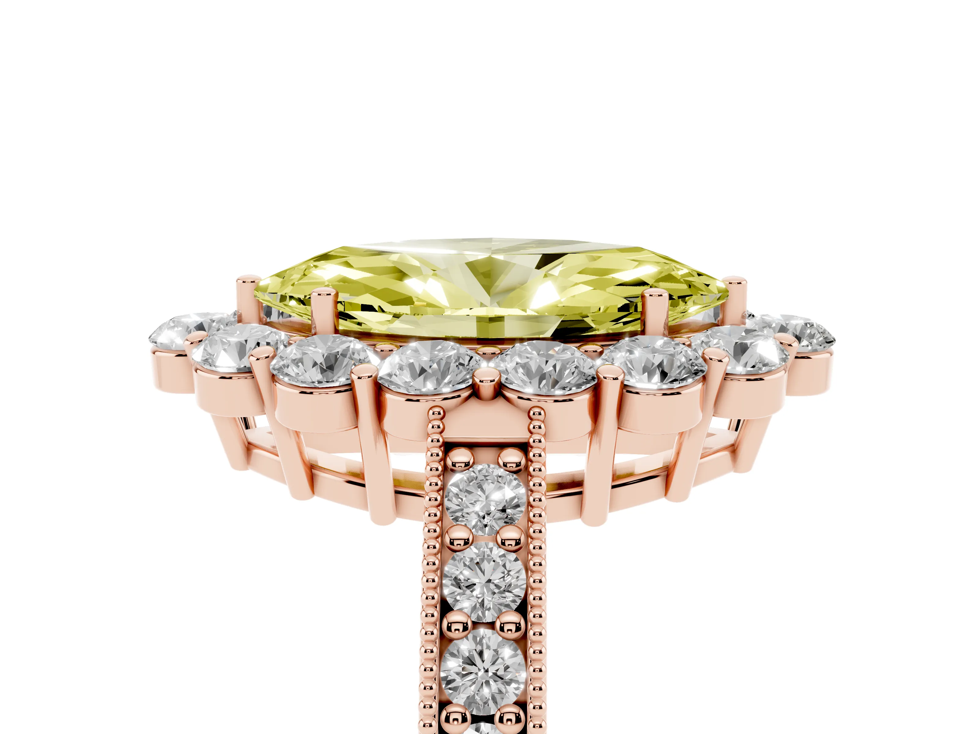 Fancy Yellow Marquise Cut Diamond Halo Pavé Engagement Ring Set in Rose gold with Milgrain Detailing
