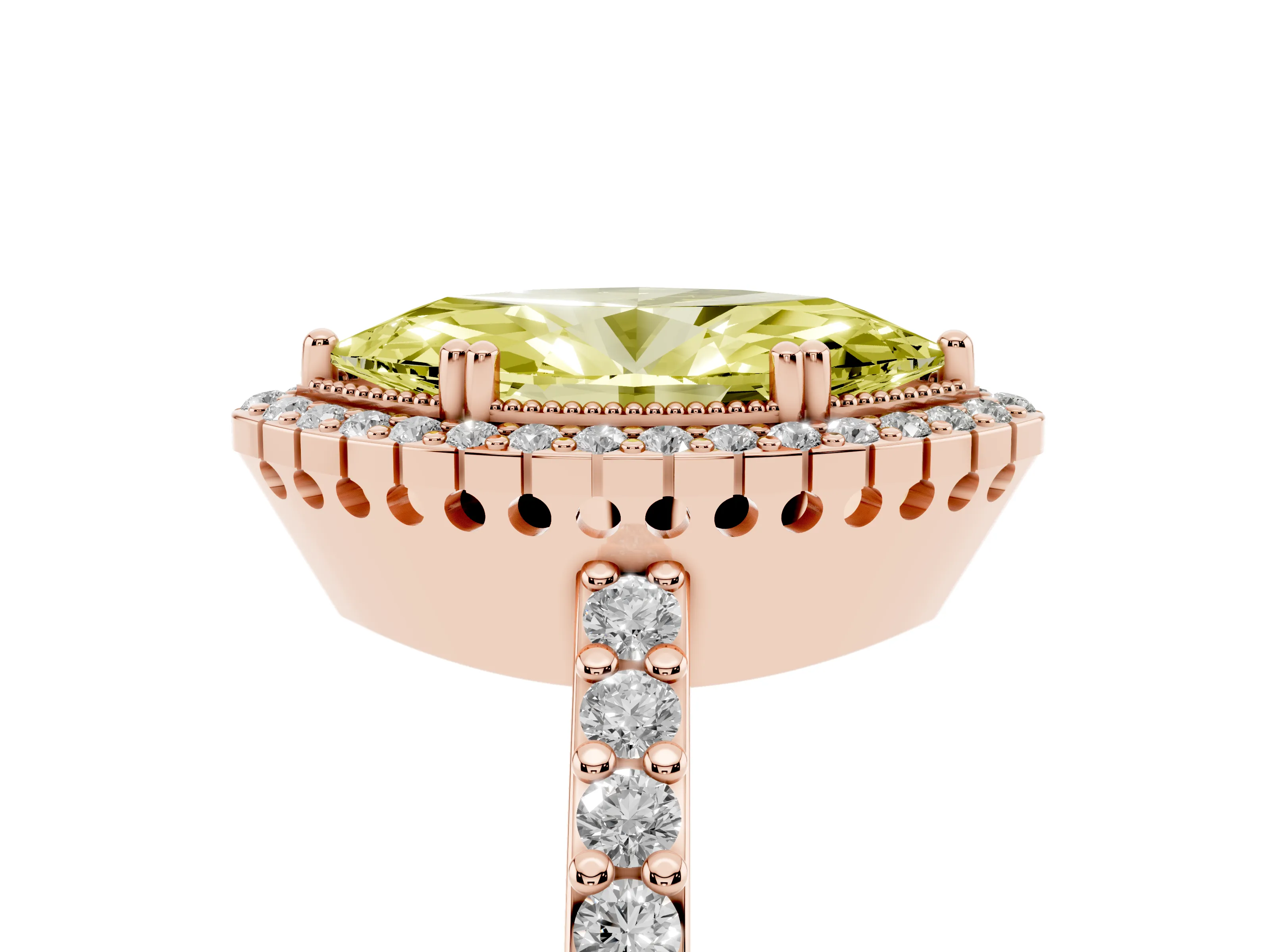 Fancy Yellow Marquise Cut Diamond Halo Engagement Ring Set in Rose gold with Milgrain Detail and Pavé Band