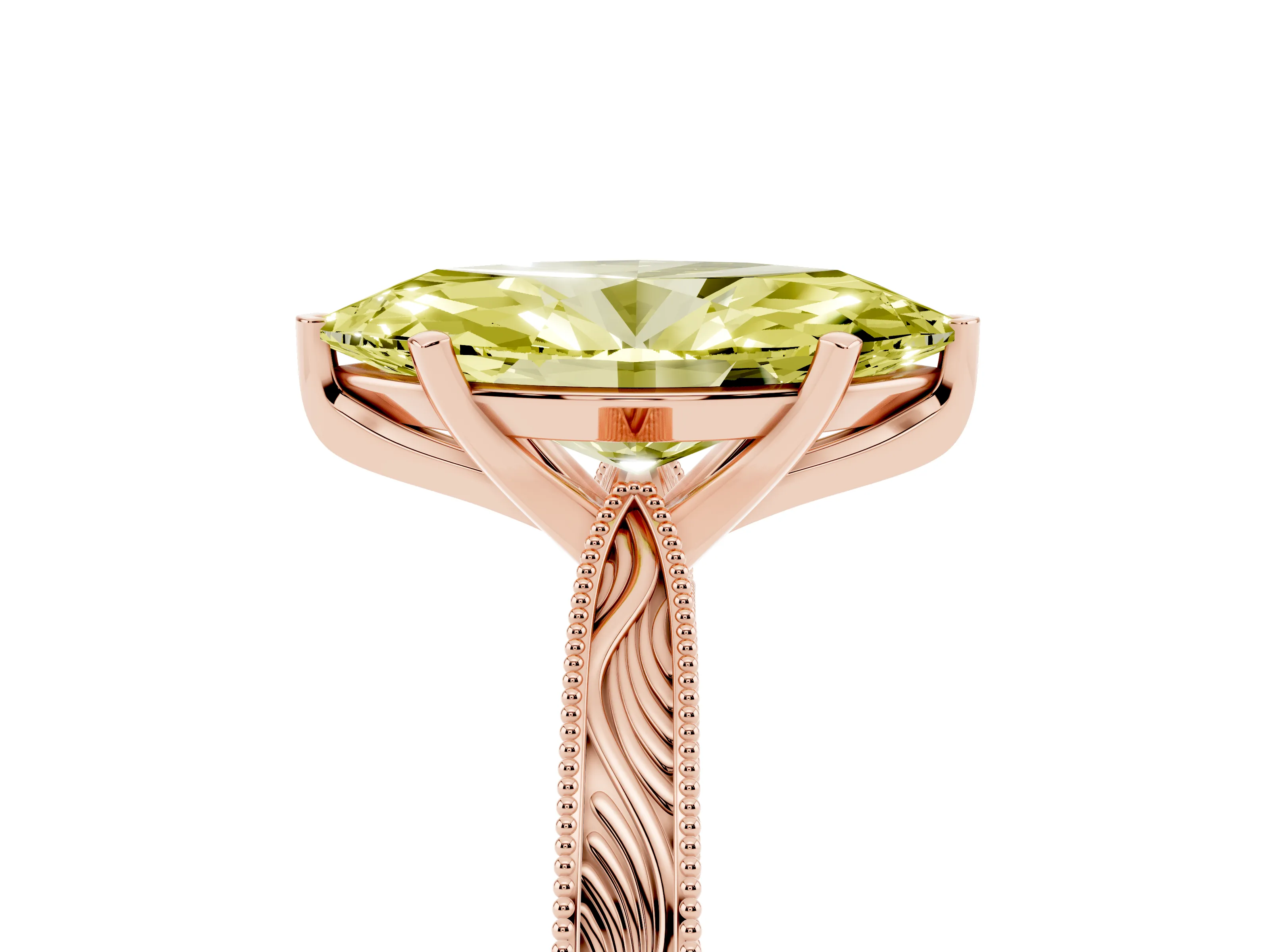 Fancy Yellow Marquise Cut Diamond Solitaire Milgrain Engraved Band Set in Rose gold with Prong Setting