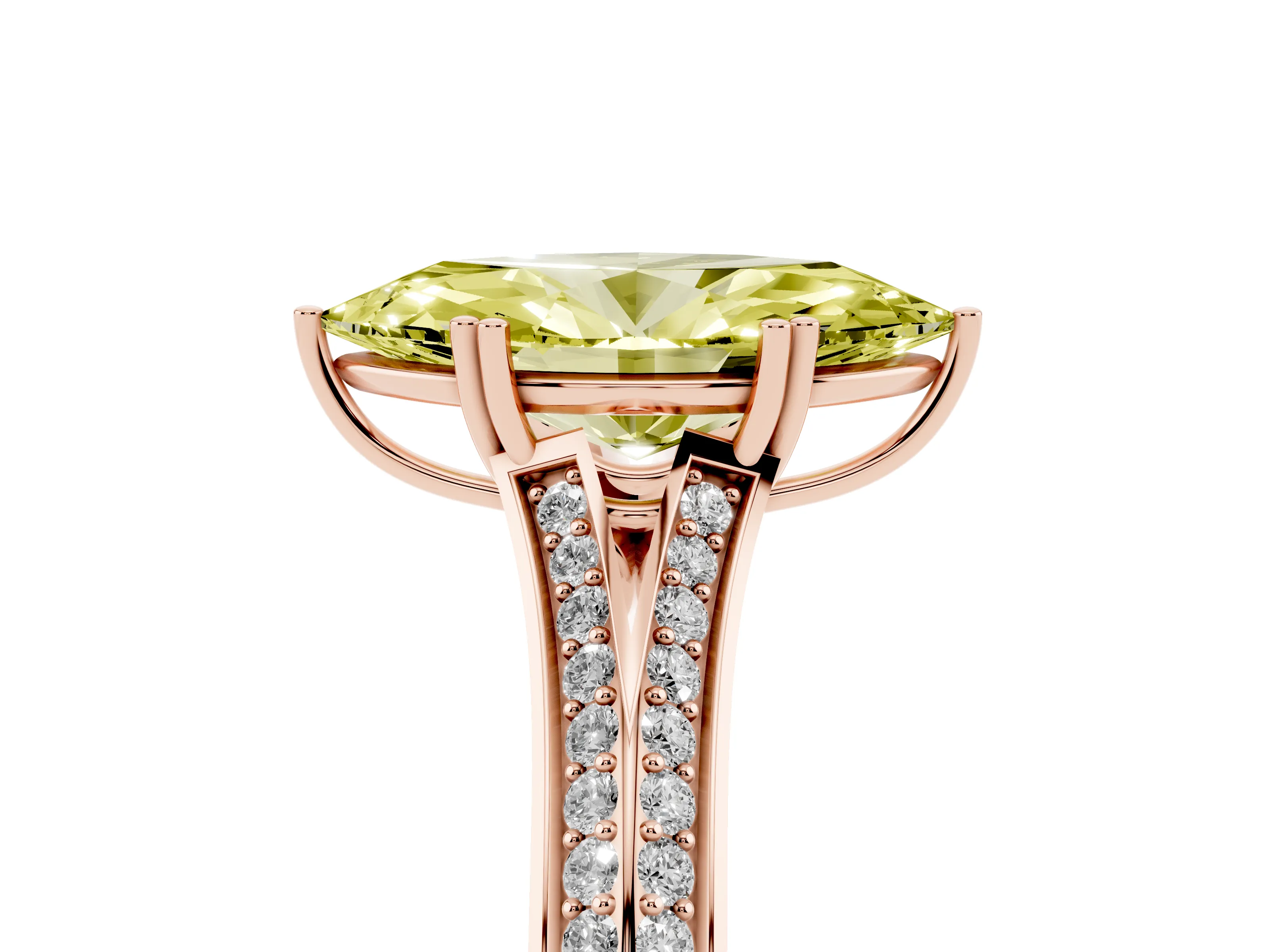 Fancy Yellow Marquise Cut Diamond Split Shank Pavé Engagement Ring Set in Rose gold with Prong-Set Center Stone