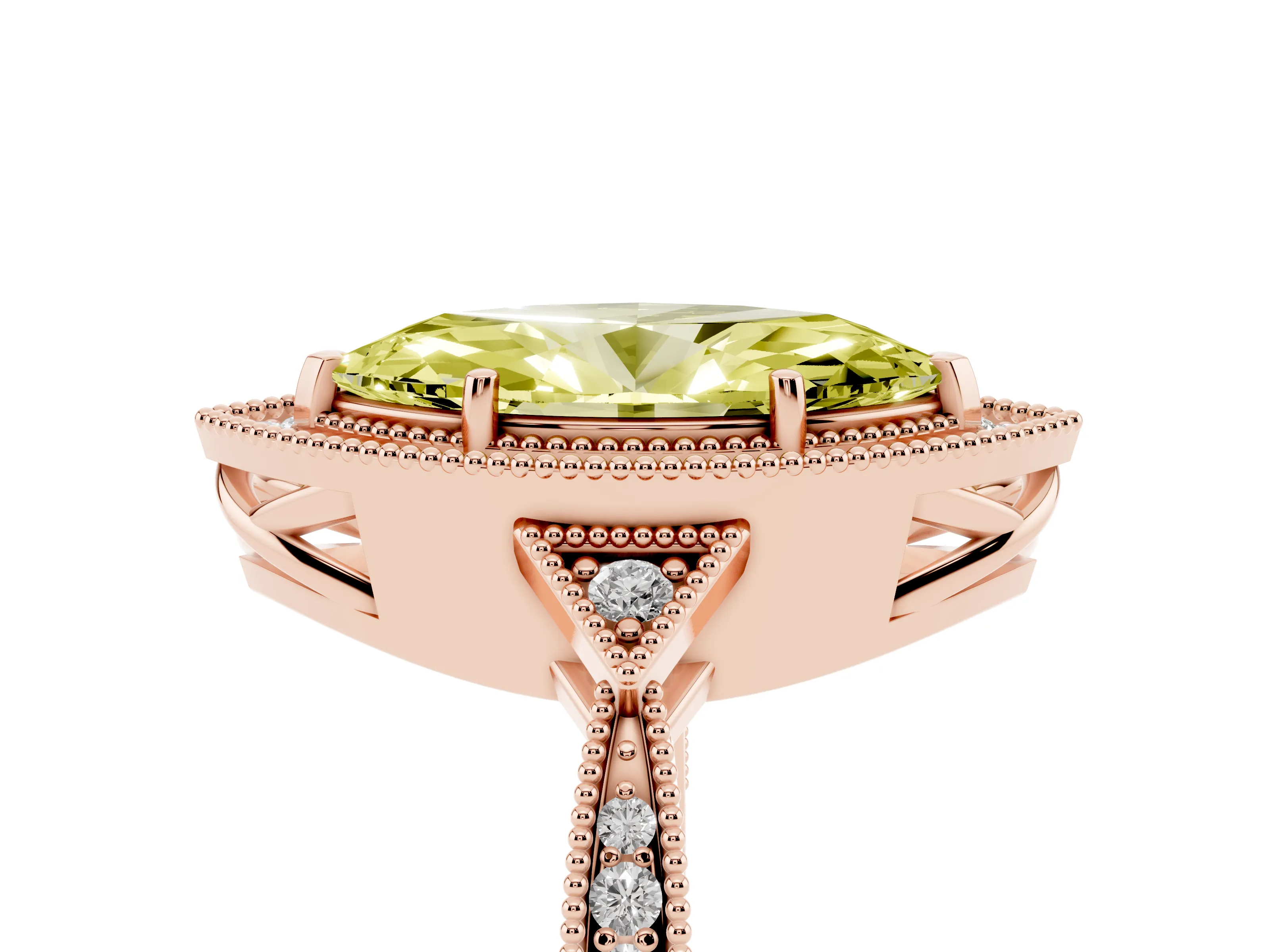 Fancy Yellow Marquise Cut Diamond Halo Engagement Ring Set in Rose gold with Milgrain Pavé Band