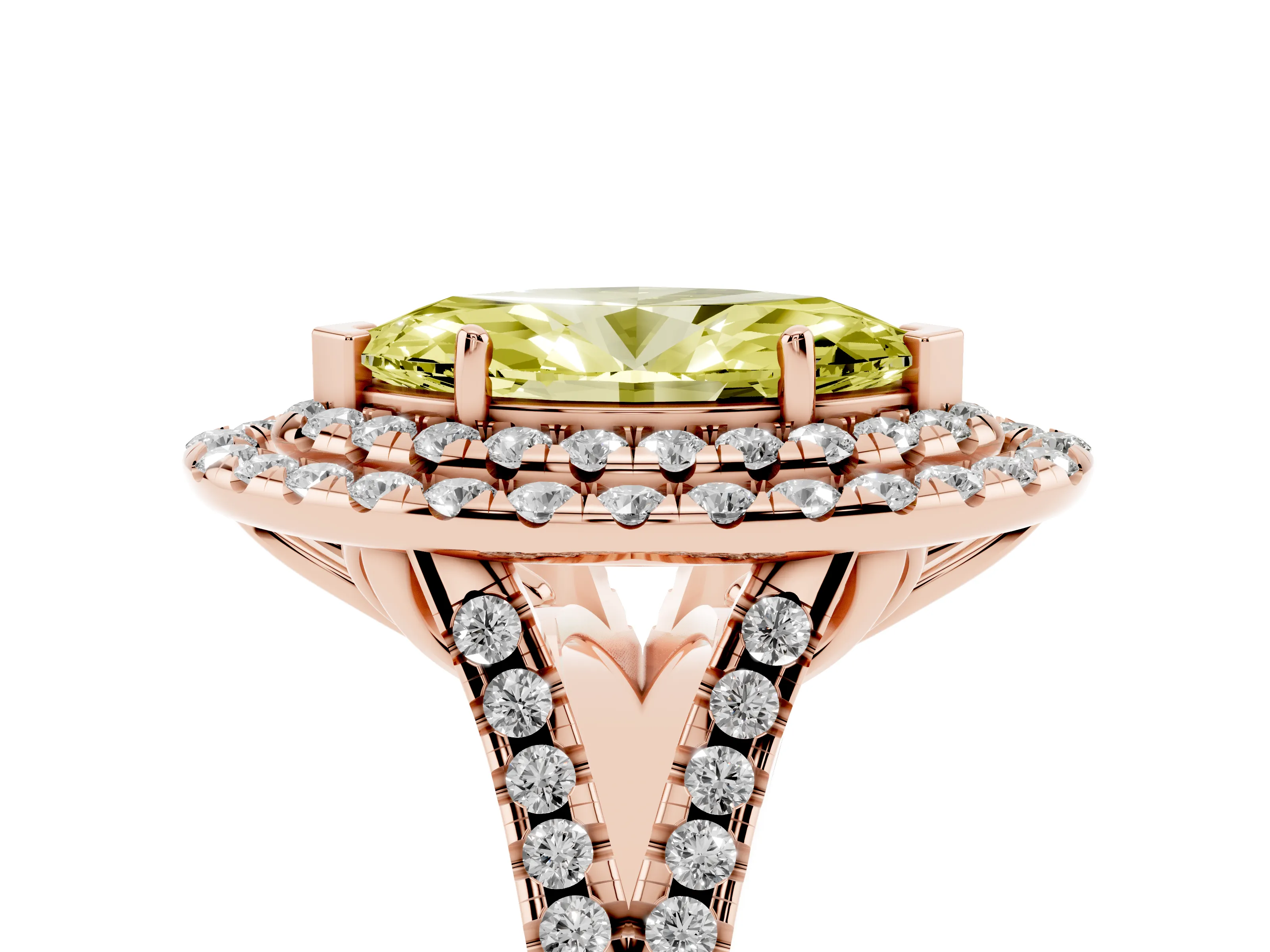Fancy Yellow Marquise Cut Diamond Double Halo Ring Set in Rose gold with Pavé Split Shank and Prong Setting