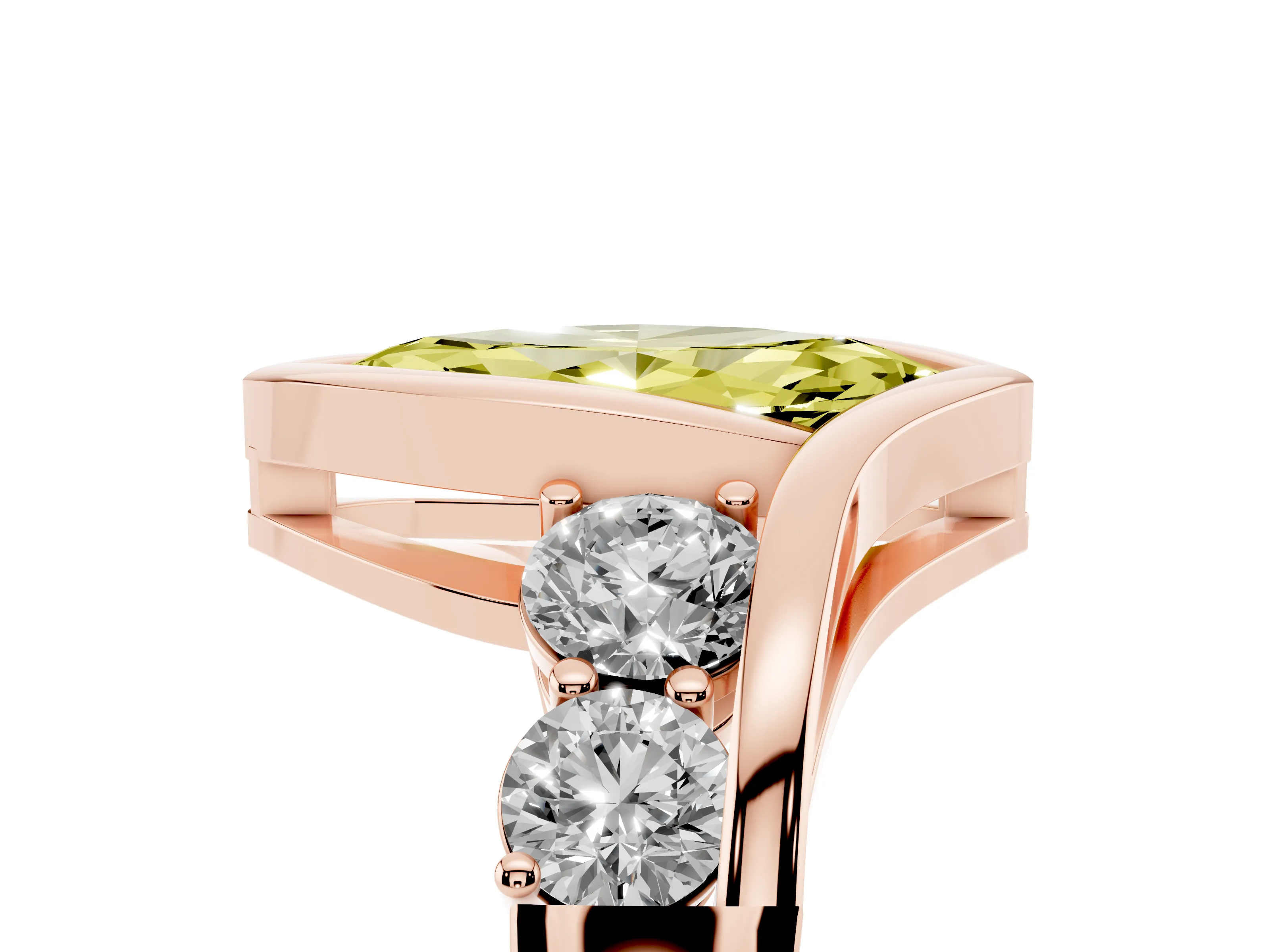 Fancy Yellow Marquise Cut Diamond Bezel Bypass Ring Set in Rose gold with Round Accents