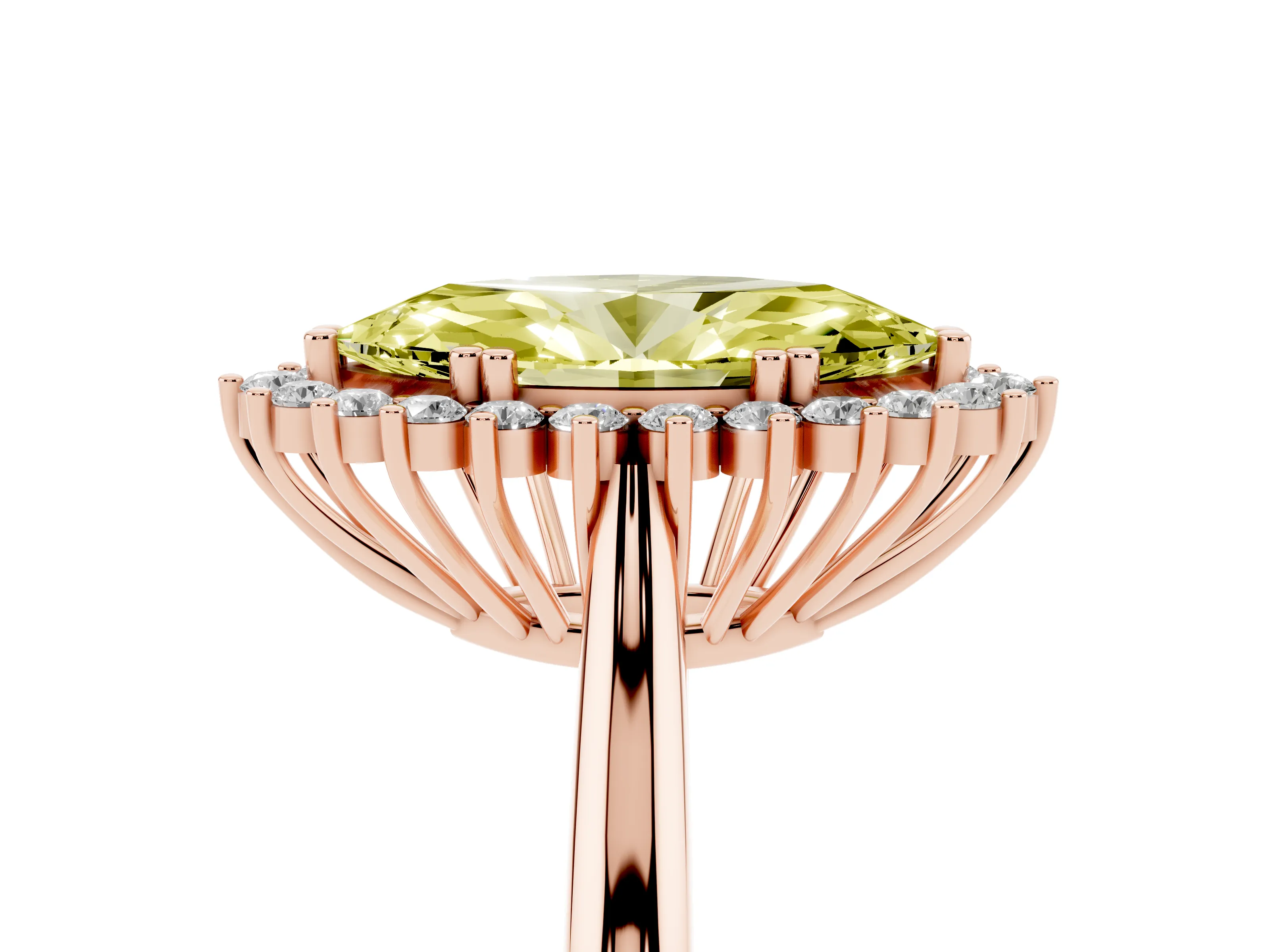 Fancy Yellow Marquise Cut Diamond Halo Ring Set in Rose gold with Plain Solitaire Band and Prong Setting