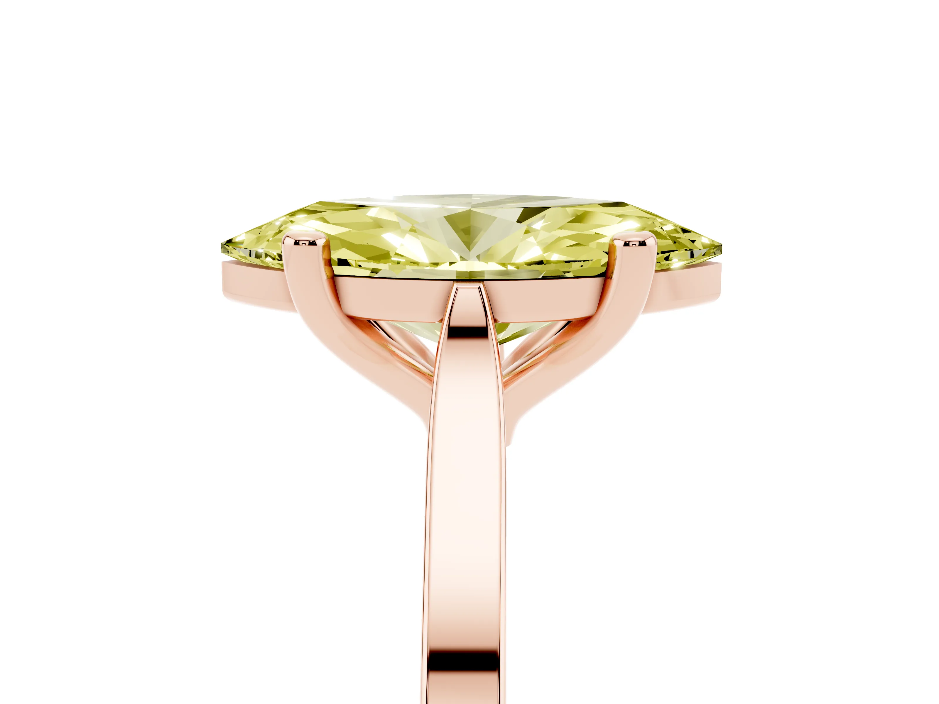 Fancy Yellow Marquise Cut Diamond Solitaire Ring Set in Rose gold with Prong Setting and Tapered Band