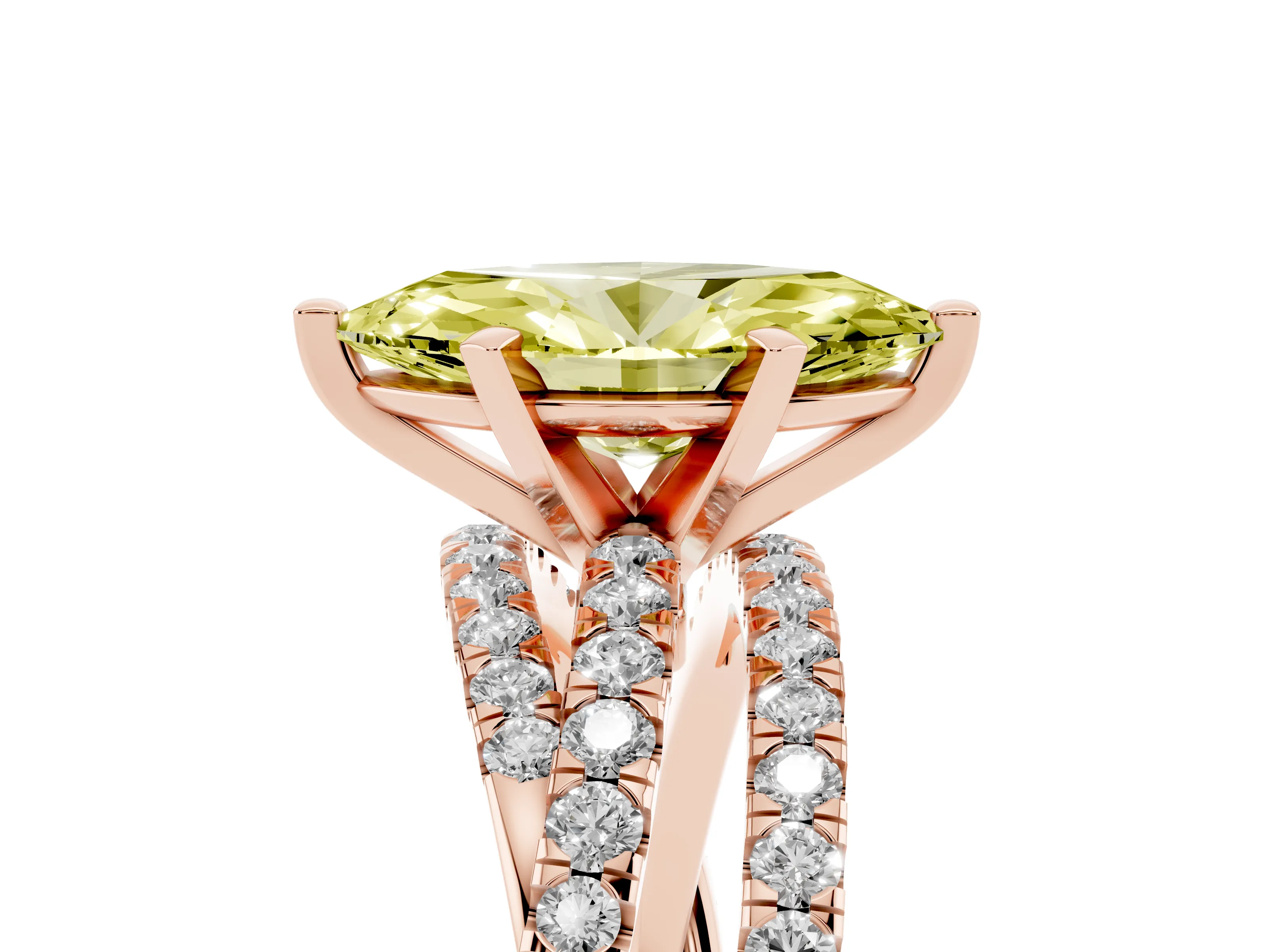 Fancy Yellow Marquise Cut Diamond Solitaire Twist Band Ring Set in Rose gold with Pavé Setting and Prong Head