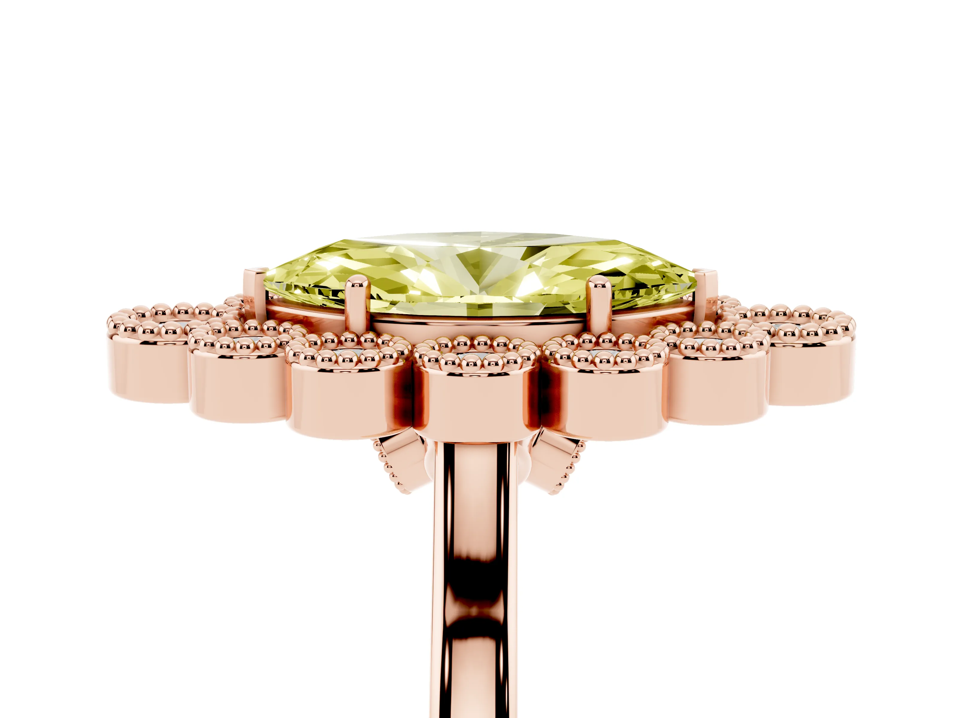 Fancy Yellow Marquise Cut Diamond Cluster Halo Ring Set in Rose gold with Milgrain Bezel Accents and Plain Band