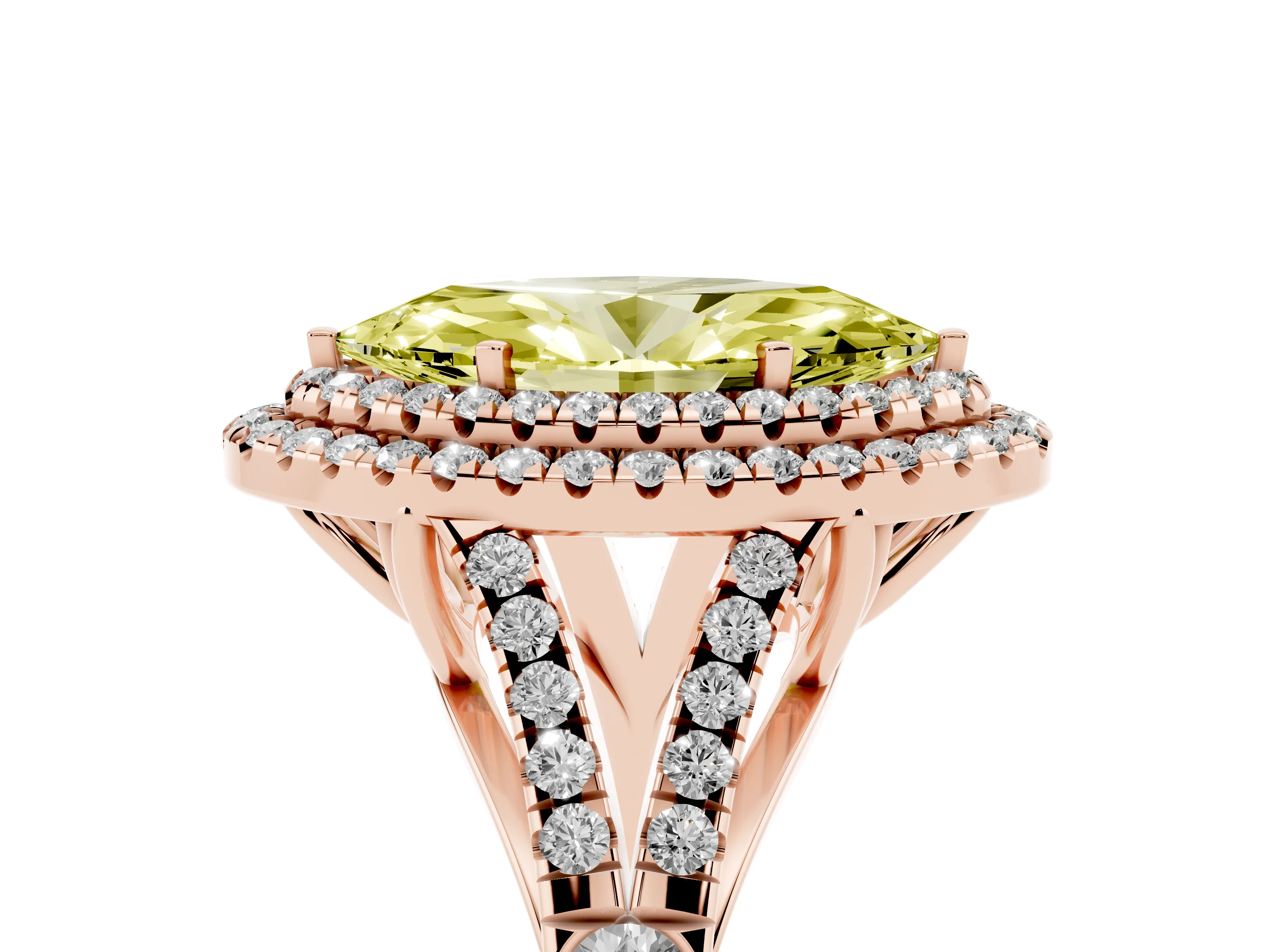 Fancy Yellow Marquise Cut Diamond Pavé Split Shank Double Halo Engagement Ring Set in Rose gold