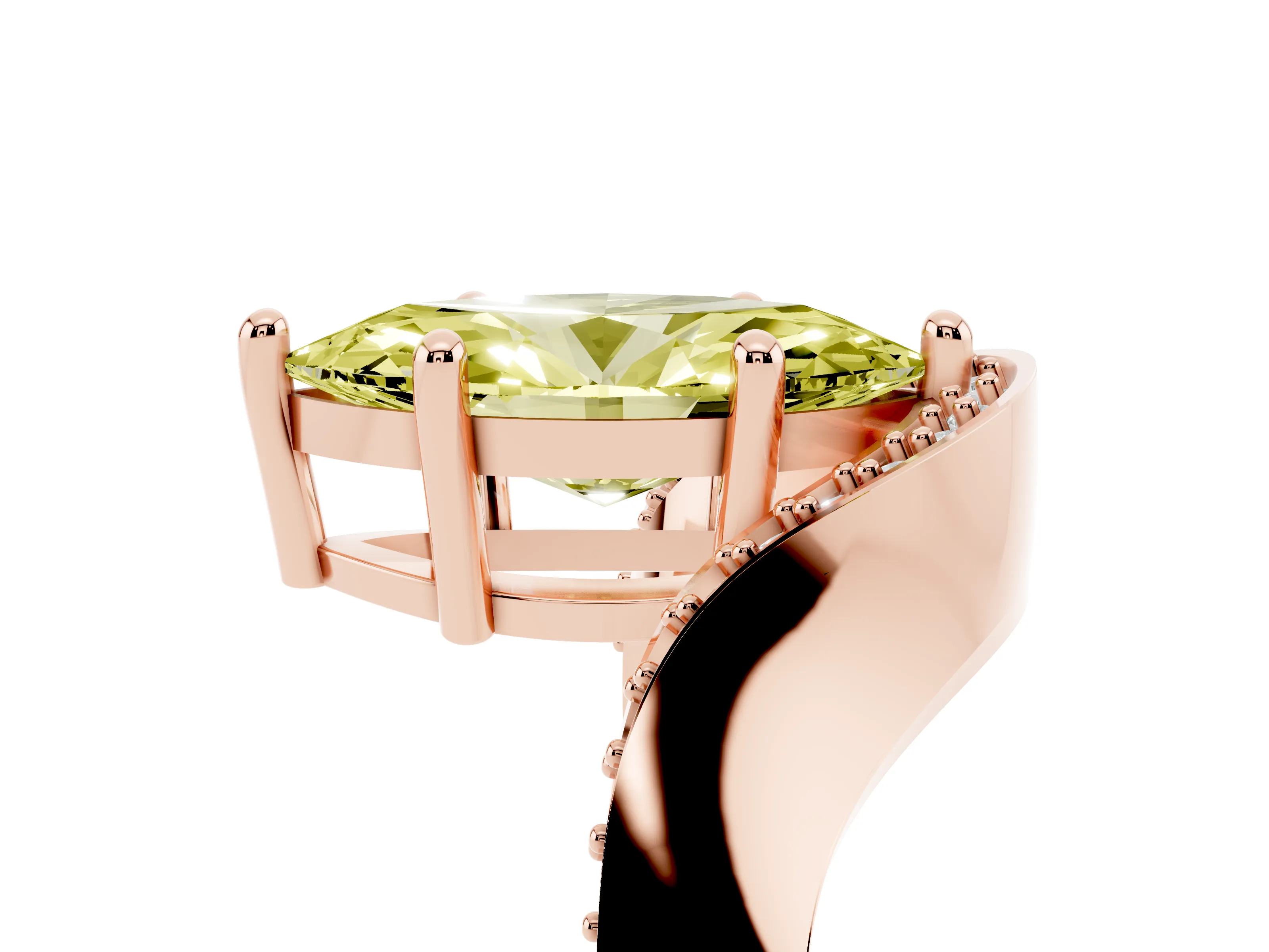 Fancy Yellow Marquise Cut Diamond Solitaire Engagement Ring Set in Rose gold with Pavé Shoulders