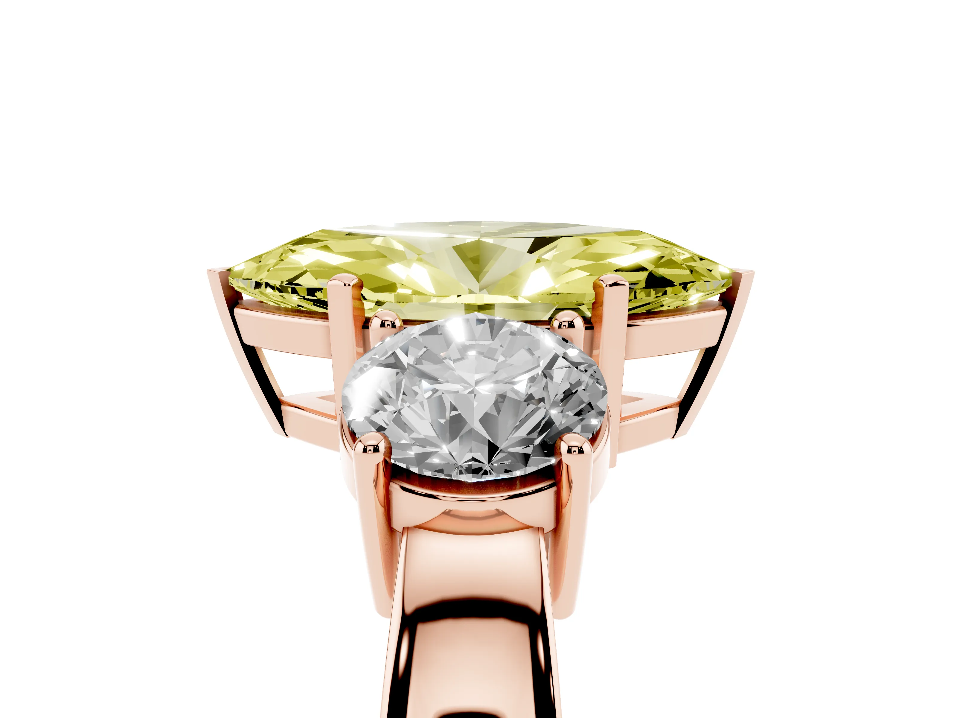 Fancy Yellow Marquise Cut Diamond Three-Stone Ring Set in Rose gold with Round Side Stones and Classic Band