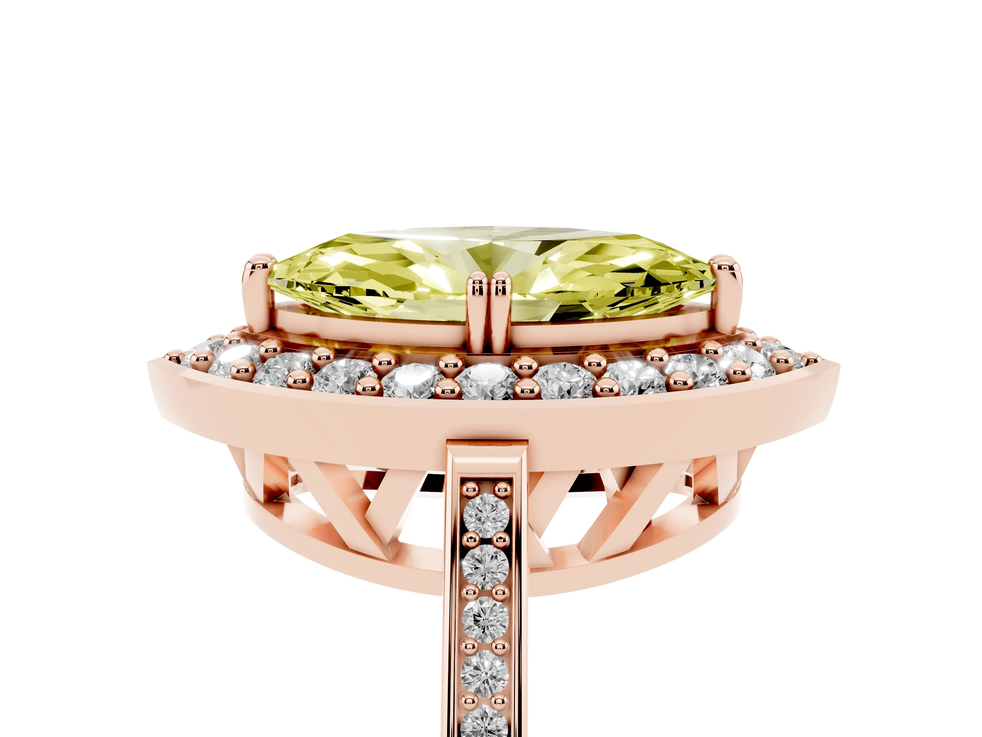 Fancy Yellow Marquise Cut Diamond Halo Ring Set in Rose gold with Accent-Lined Split Shank and Prong Setting