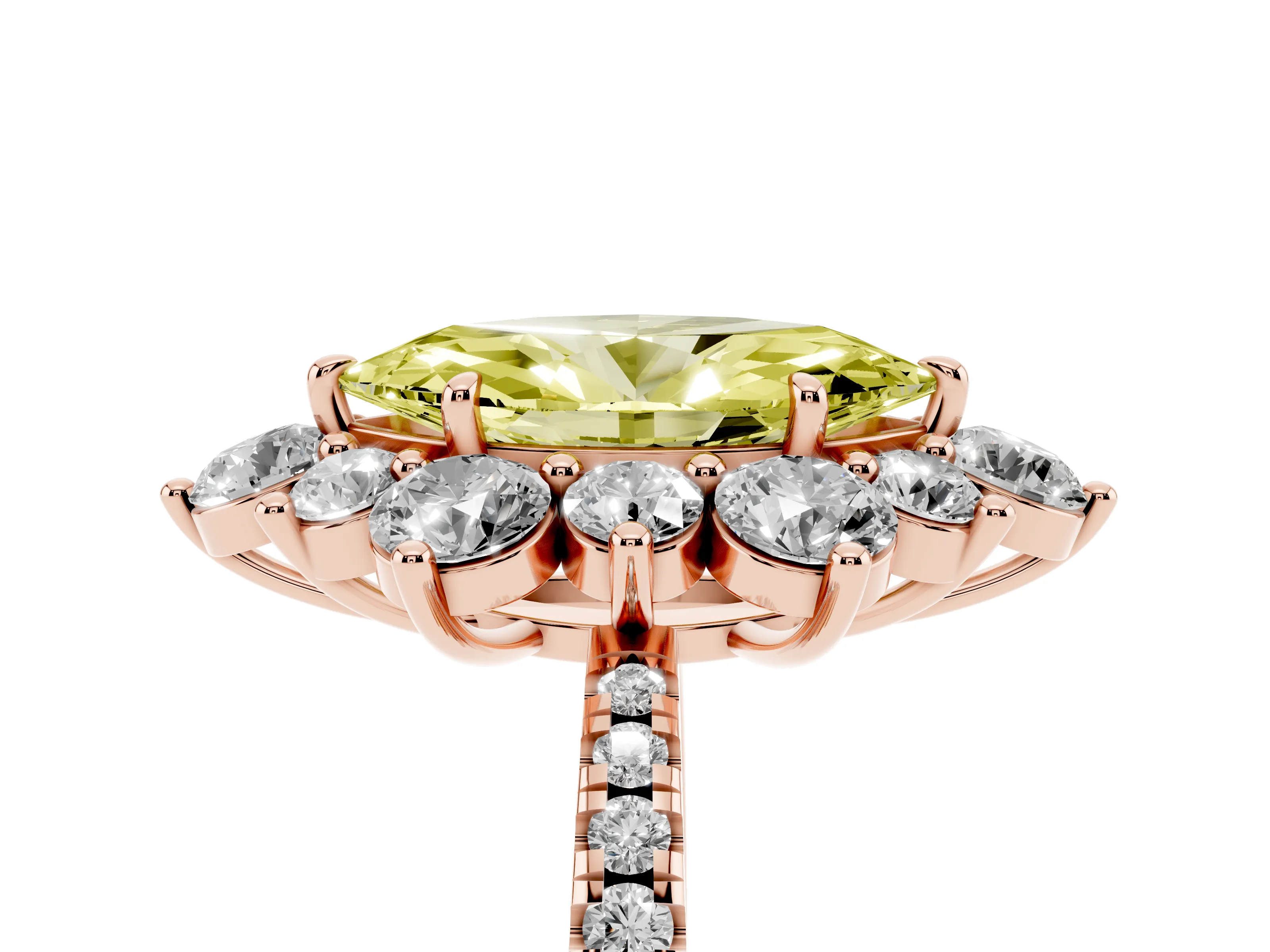 Fancy Yellow Marquise Cut Diamond Floral Halo Ring Set in Rose gold with Round Pavé Band and Prong Setting