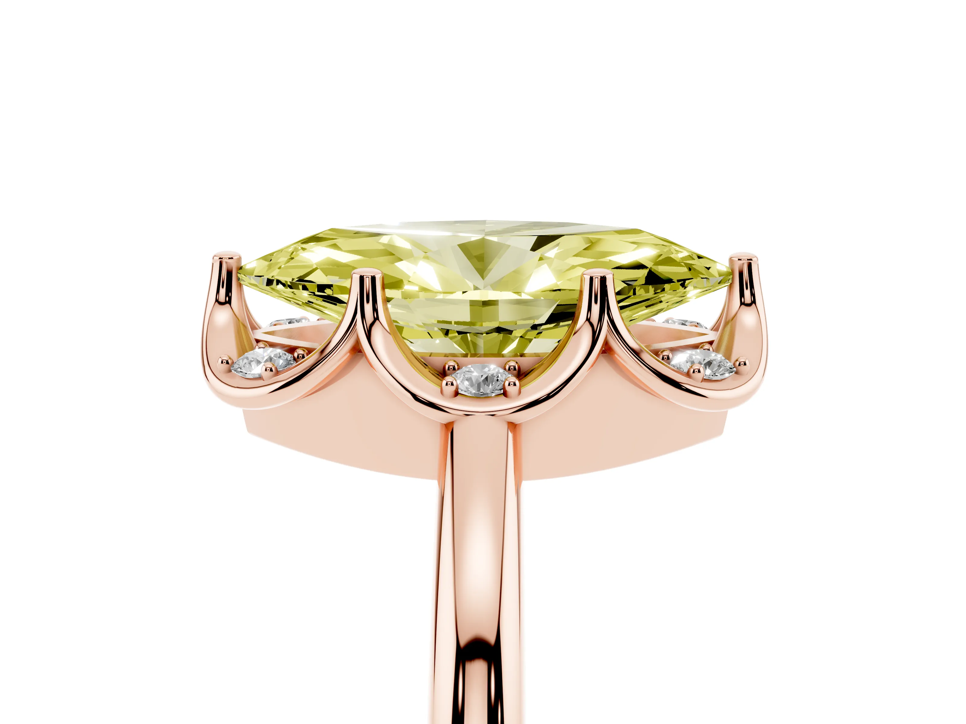 Fancy Yellow Marquise Cut Diamond Round Cluster Halo Ring Set in Rose gold with Solitaire Band and Prong Setting
