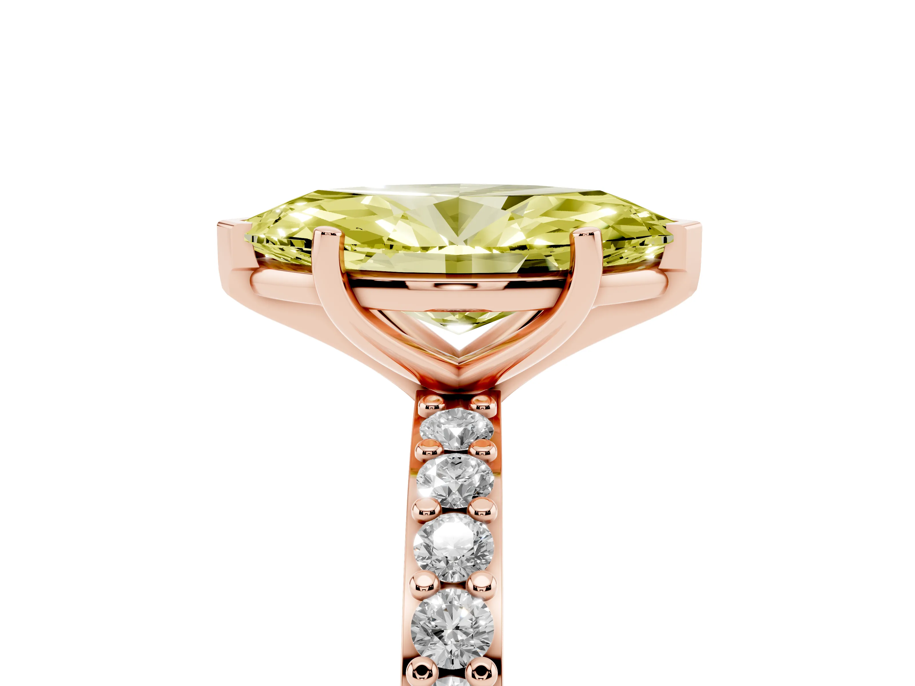 Fancy Yellow Marquise Cut Diamond Solitaire Set in Rose gold with Round Pavé Band and Prong Setting