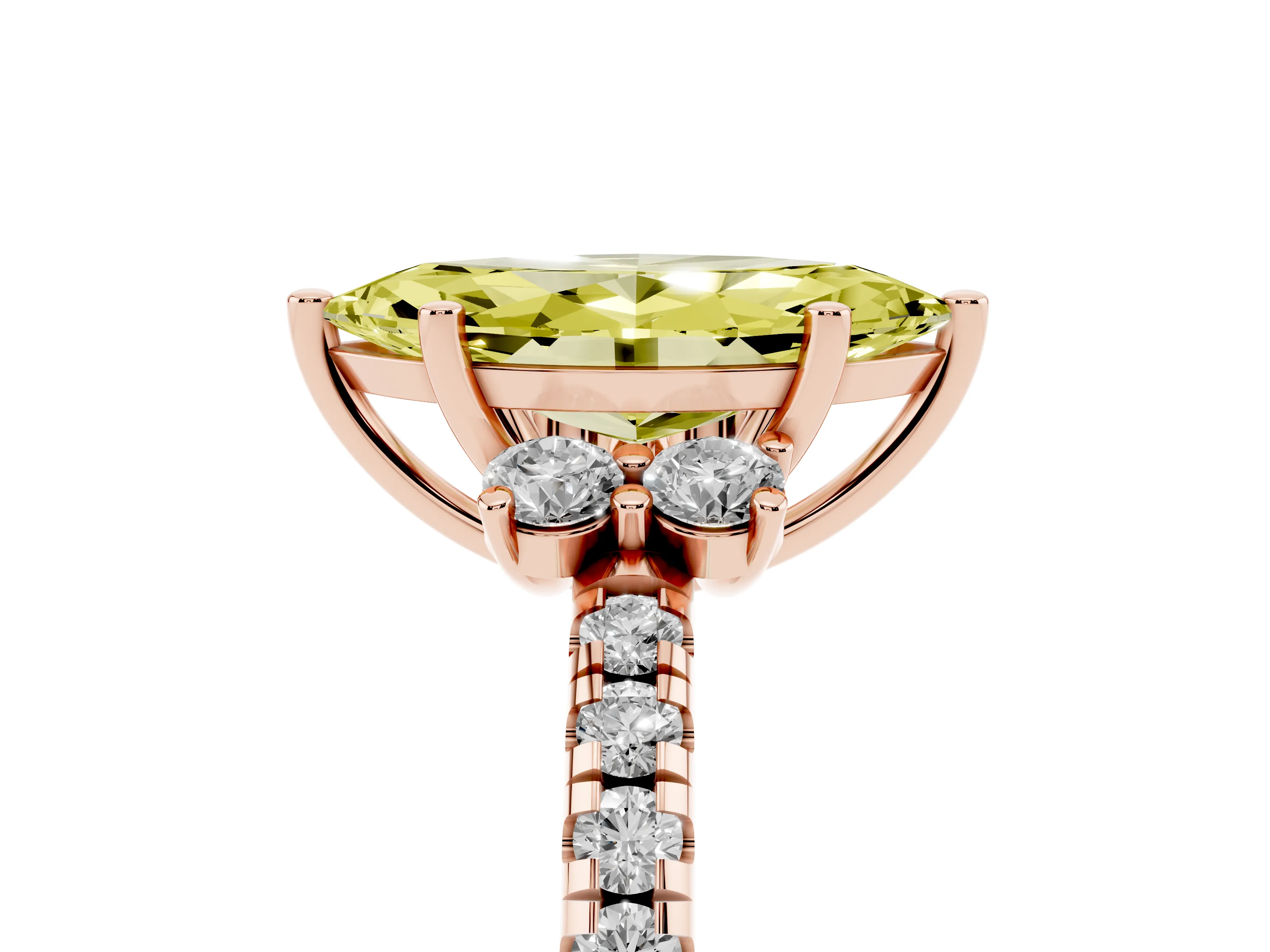 Fancy Yellow Marquise Cut Diamond Three-Stone Pavé Ring Set in Rose gold with Prong Setting