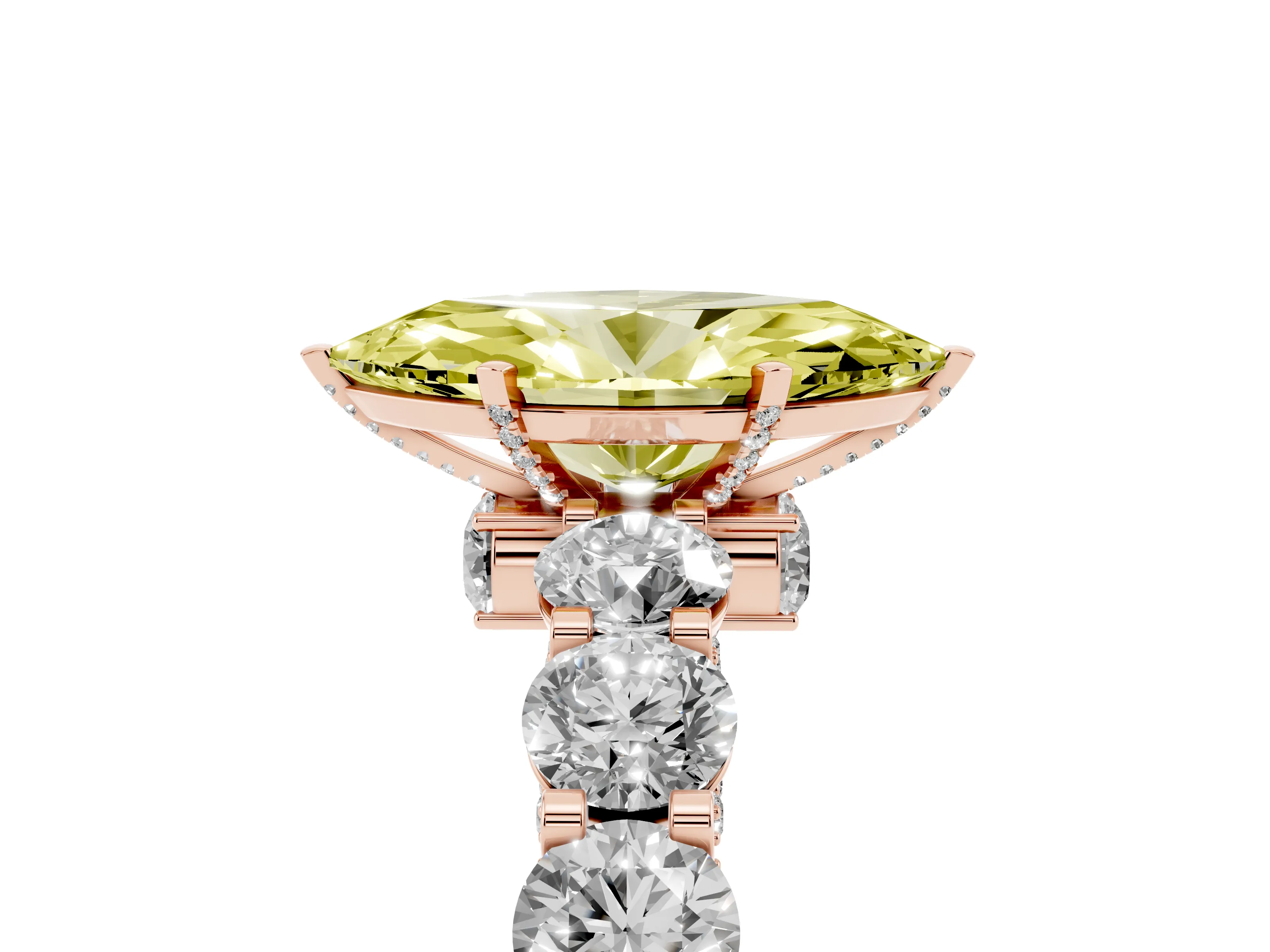 Fancy Yellow Marquise Cut Diamond Side Stone Ring Set in Rose gold with Alternating Round and Oval Side Stones