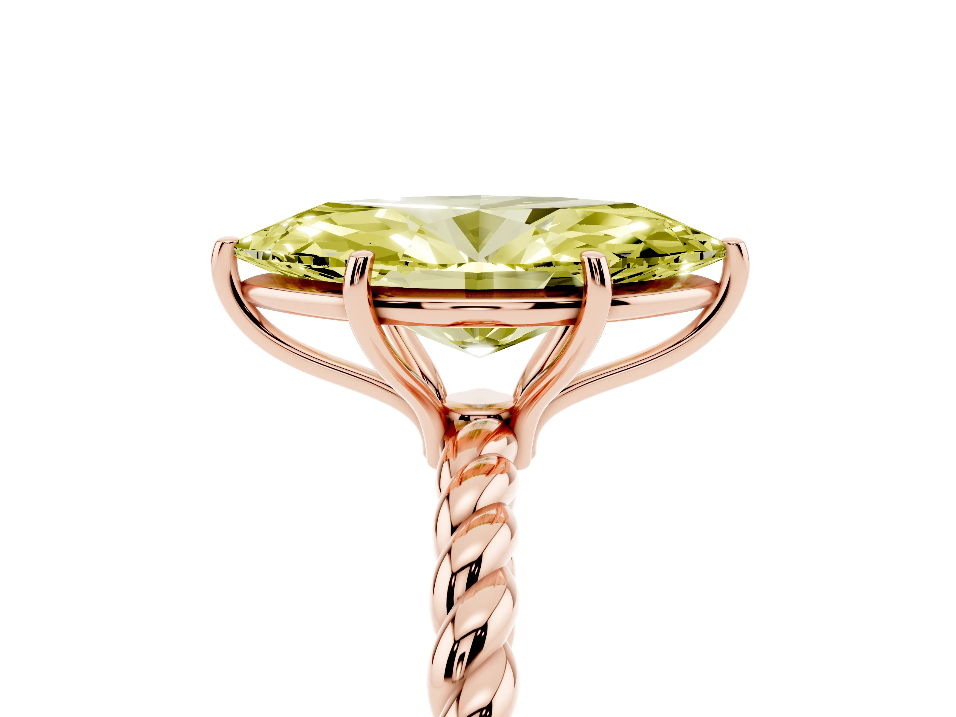 Fancy Yellow Marquise Cut Diamond Solitaire Ring Set in Rose gold with Twist Band and Prong Setting