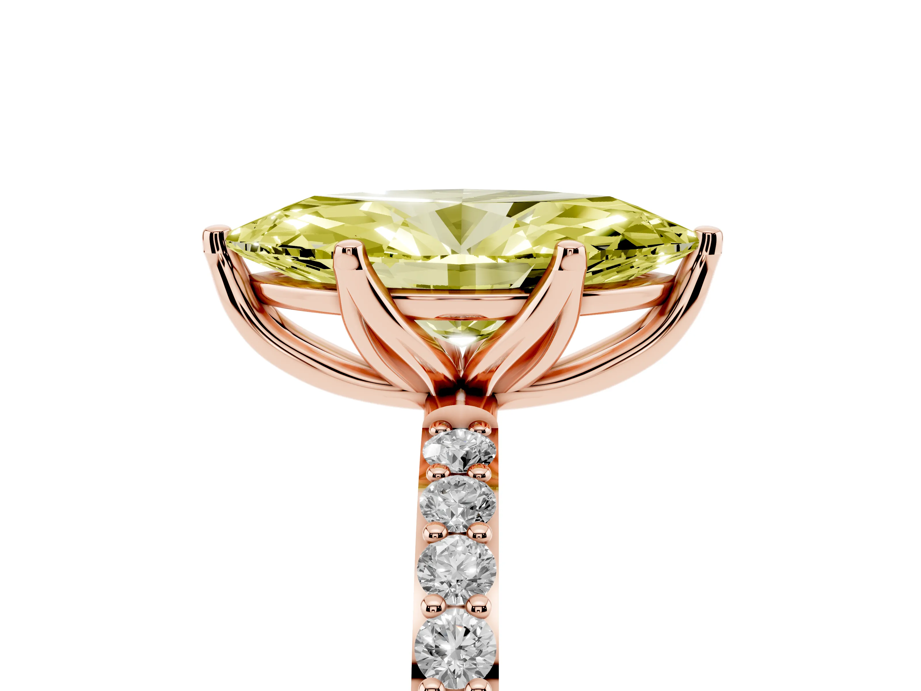 Fancy Yellow Marquise Cut Diamond Solitaire Engagement Ring Set in Rose gold with Round Pavé Band and Prong Setting