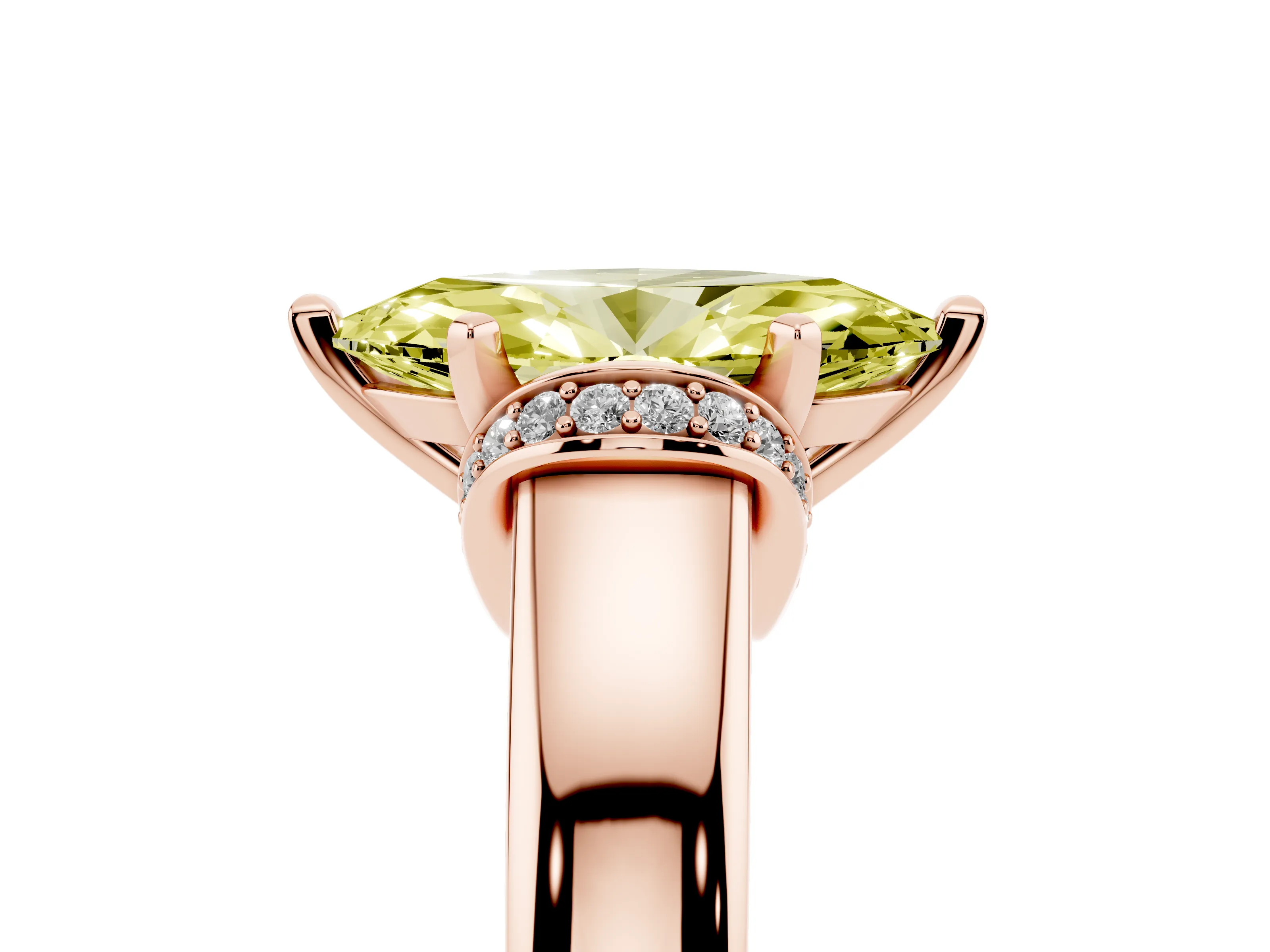 Fancy Yellow Marquise Cut Diamond Pavé Band Solitaire Ring Set in Rose gold with Prong Setting