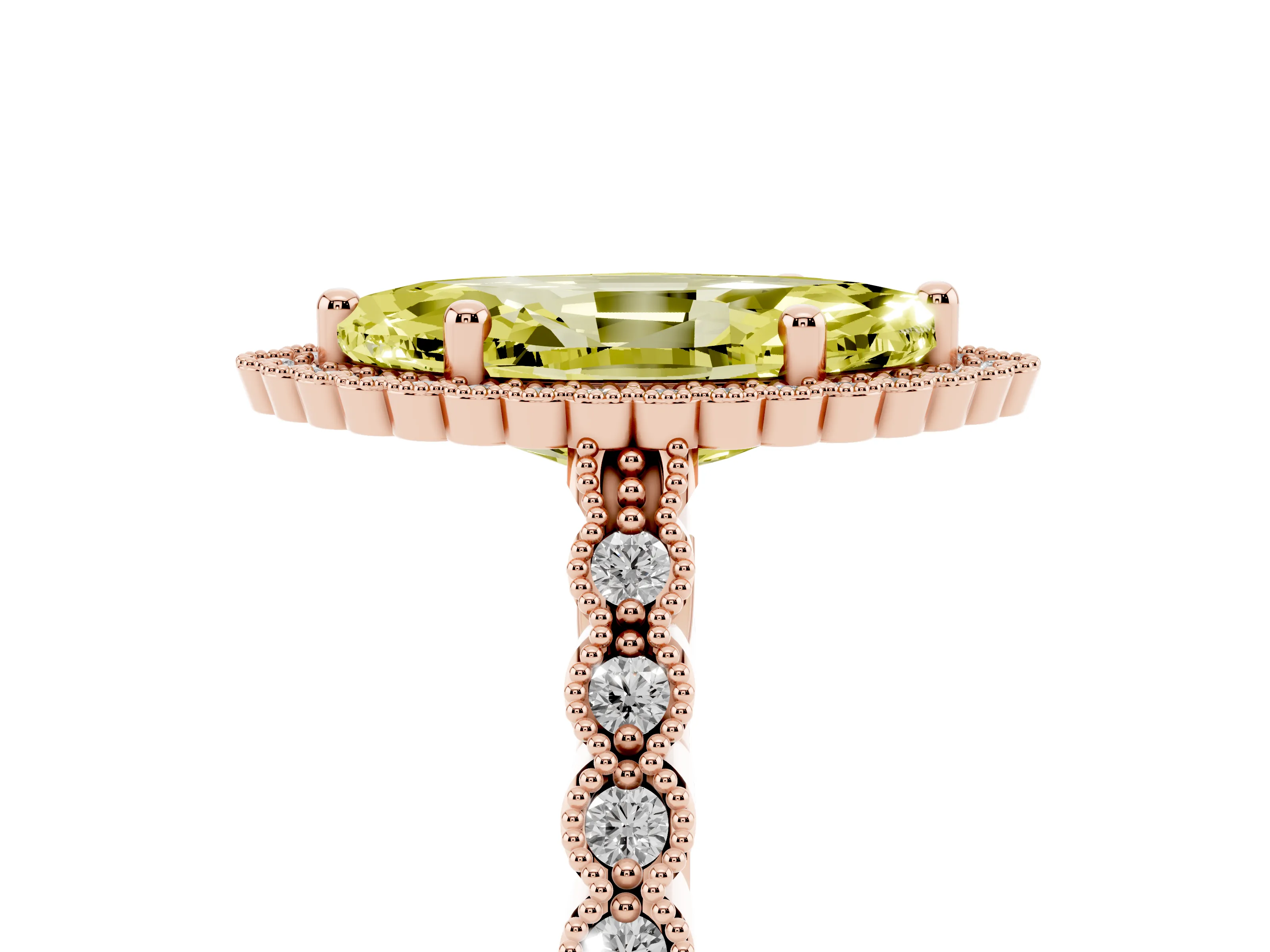 Fancy Yellow Marquise Cut Diamond Halo Ring Set in Rose gold with Pavé Milgrain Band