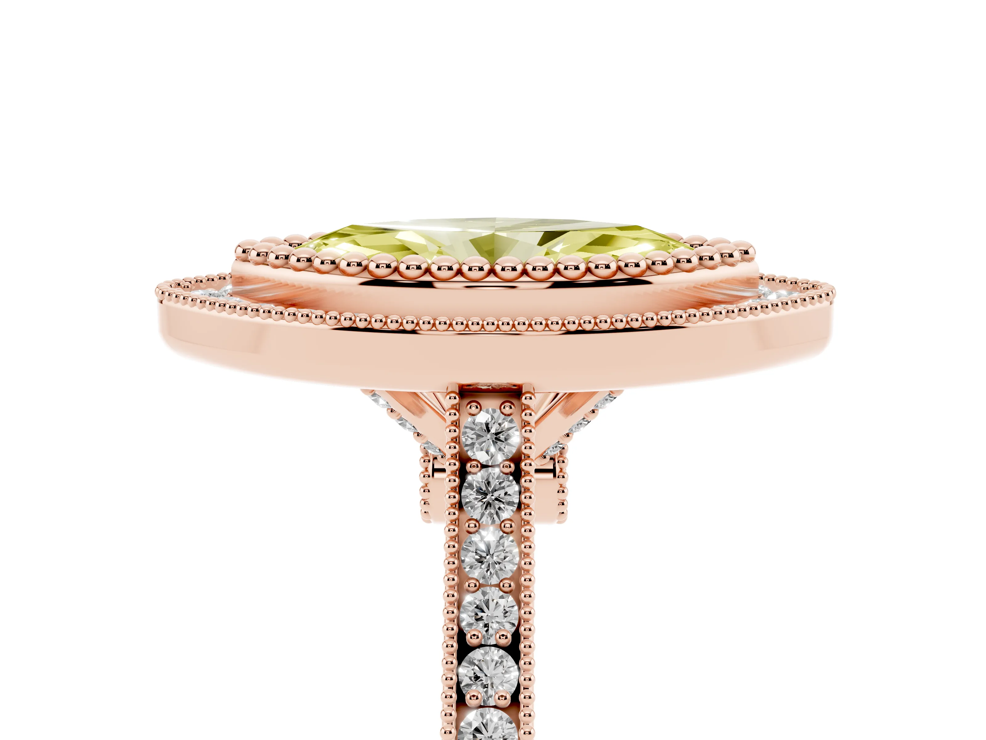 Fancy Yellow Marquise Cut Diamond Halo Ring Set in Rose gold with Milgrain Frame and Pavé Band